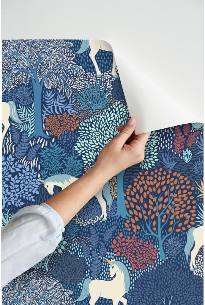 Peel & Stick Wallpaper Swatch - Unicorn Magic Woodland Fairy Tale Blue Cream Large Scale Fantasy Custom Removable Wallpaper by Spoonflower