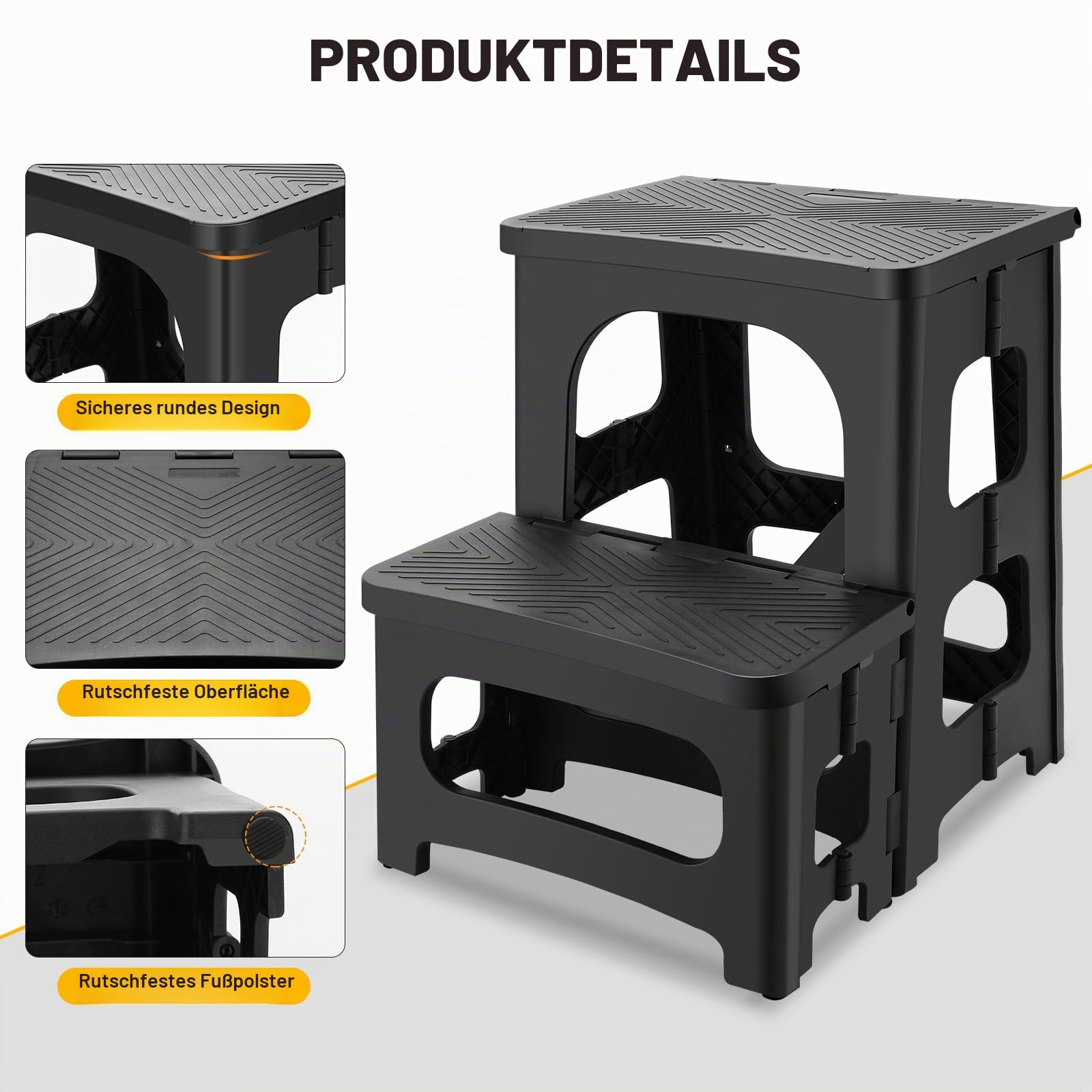 PAHTTO Tritthocker faltbar für Erwachsene, Rutschfester Klapphocker 2-stufig belastbar bis 180KG, Tragbarer Fußhocker Trittschemel mit Zwei Höhen (bis zu 43 cm) für Küche, Toilette, Büro, Badezimmer