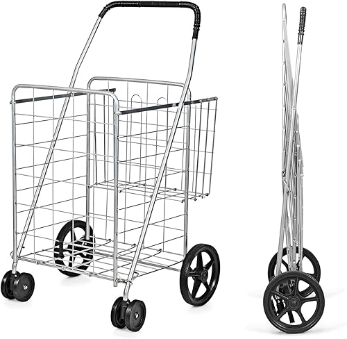 Miniatura 7 de IRONMAX Carrito de compras de comestibles, carrito plegable de gran resistencia con ruedas giratorias de 360 y cesta extra, carrito ligero para