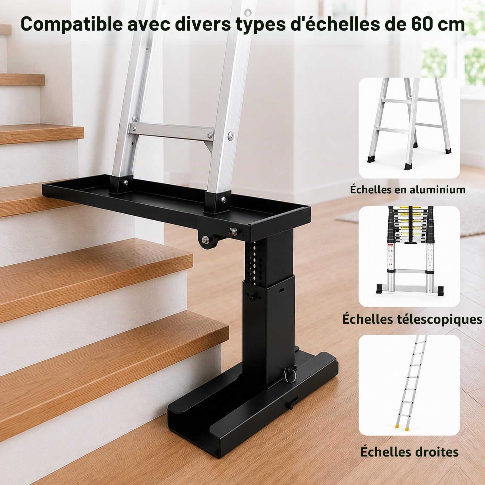 Rallonge d'échelle Pliable, Hauteur réglable de 30 à 46 cm, en Acier de Haute qualité, pour escaliers avec Tapis antidérapant, permettant d'aligner Les échelles, capacité de Charge 350 kg