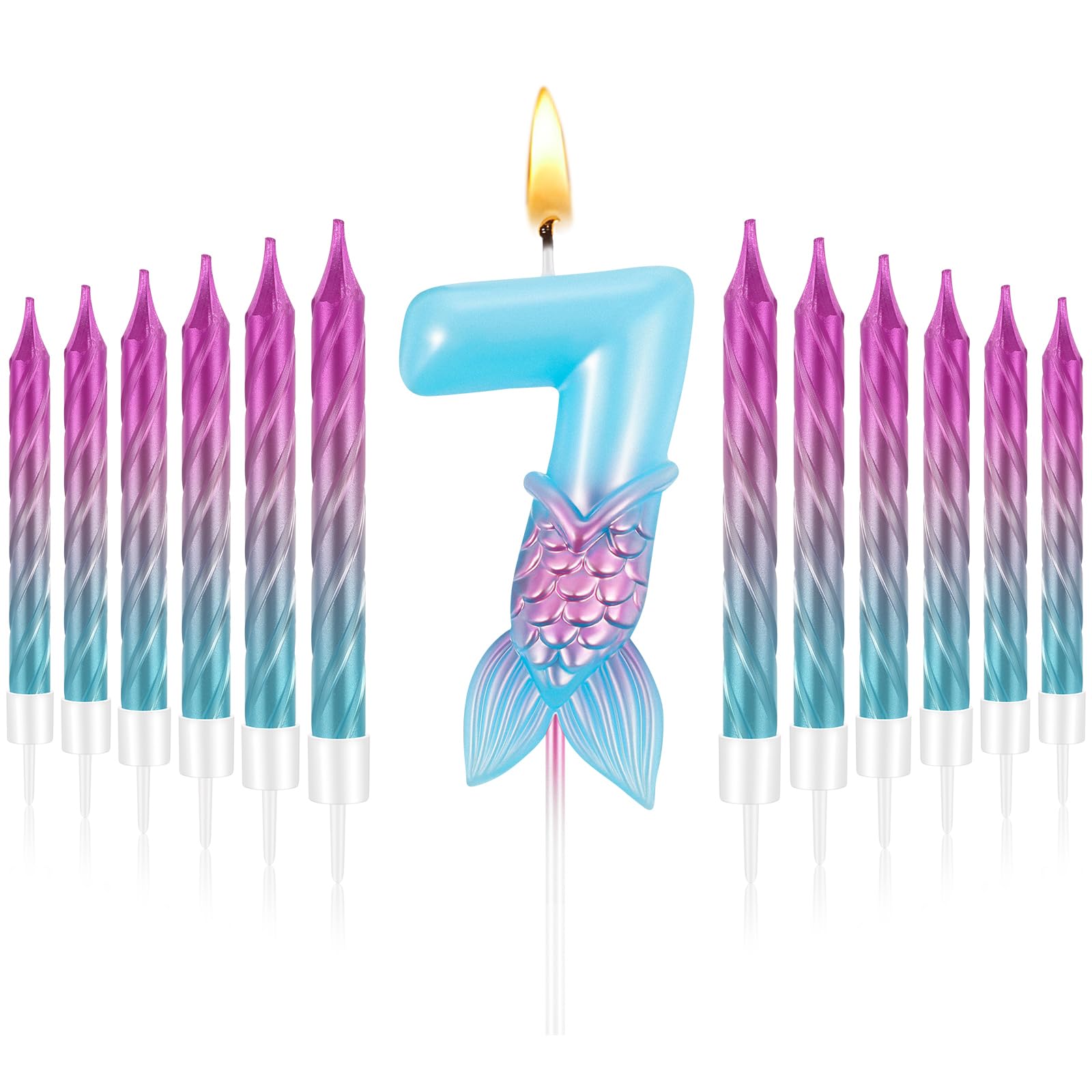 MTLEE 13 Pcs Mermaid Themed Birthday Candles, Number 7 with 12 Spiral Rainbow Candles, 2 Inch Mermaid Cake Topper Decorations Girls Birthday Party