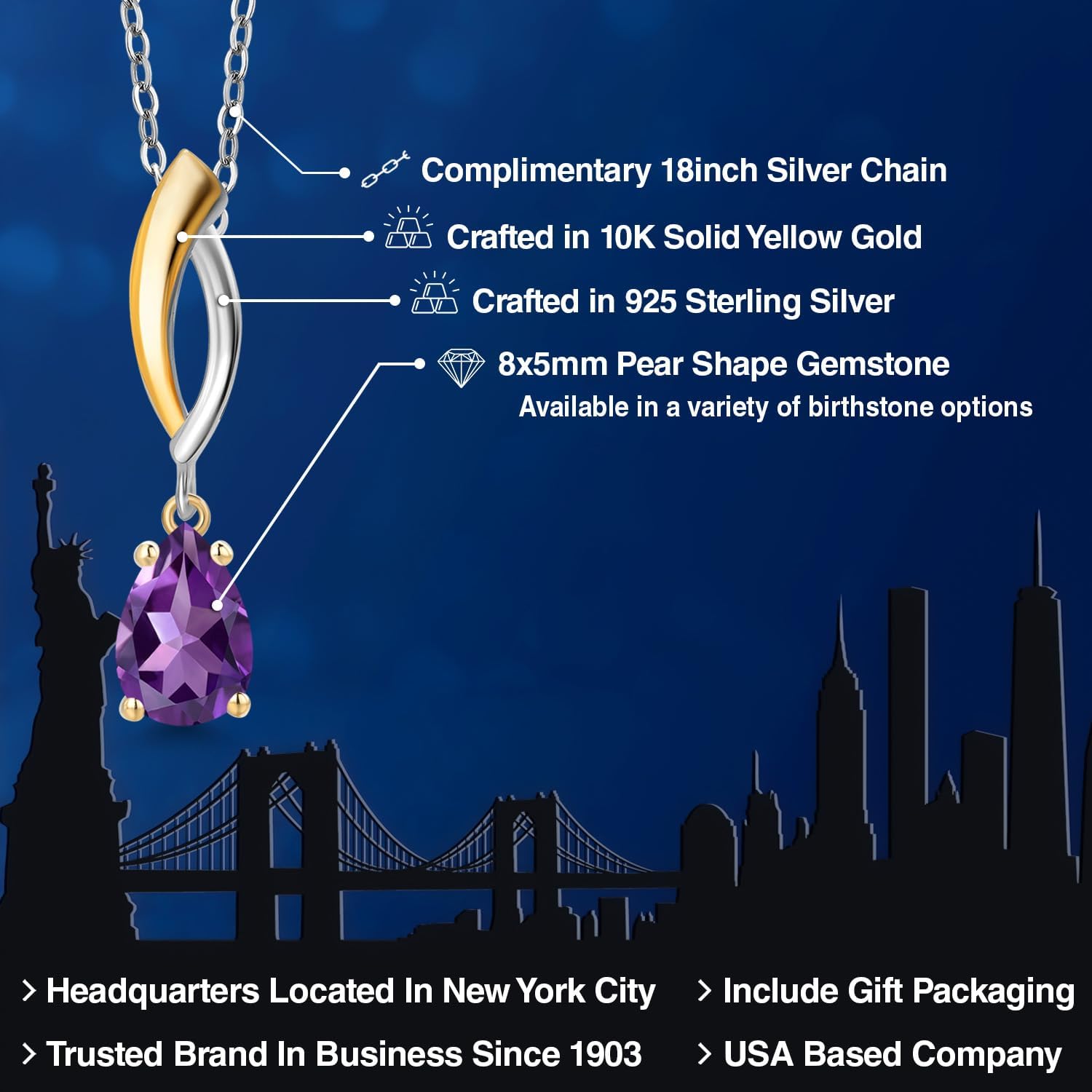Gem Stone King 925 Silver and 10K Yellow Gold Purple Amethyst Pendant Necklace for Women | 0.78 Cttw | Gemstone February Birthstone | Pear Shape 8X5MM | With 18 Inch Silver Chain - Image 2