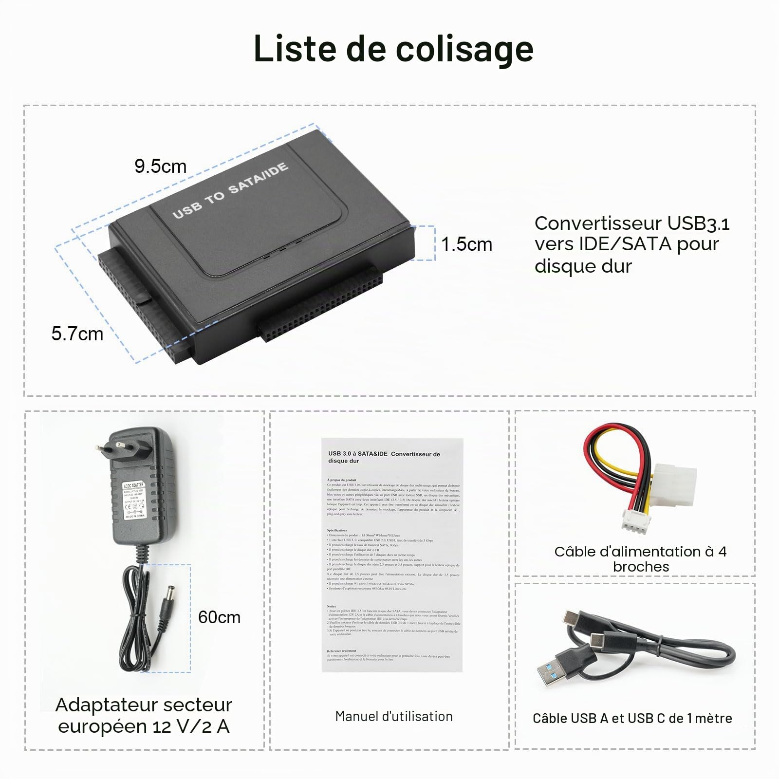 Adaptateur Disque dur USB 3.1 6Gbps pour 2.5" 3.5" HDD SSD SATA IDE Convertisseur avec Câble USB Alimentation 12V 2A
