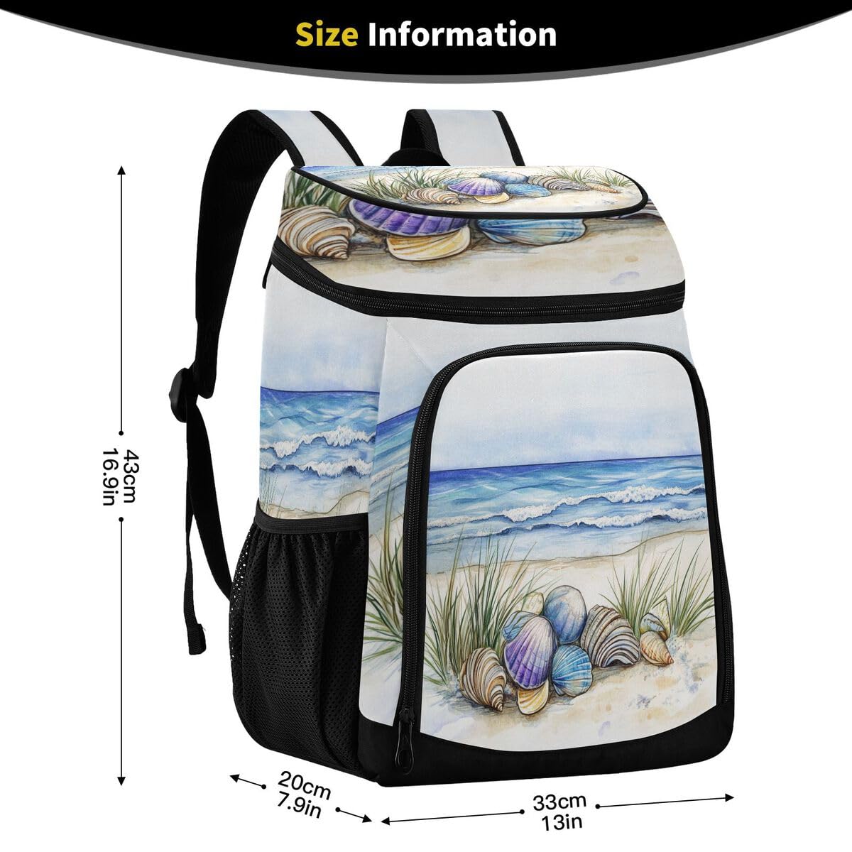 Seashells Beach Blue Cooler Backpack Leakproof Insulated Lunch Cooler Bag 30 Cans Camping Backpacks for Picnic Road Trip Beach