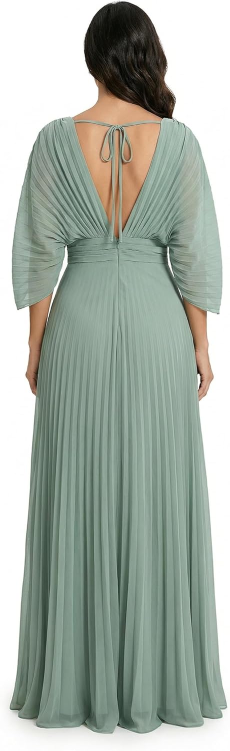 Chiffon Bridesmaid Dresses Wisteria V Neck Pleated Half Sleeve Maxi Formal Evening Dresses for Women Size 14