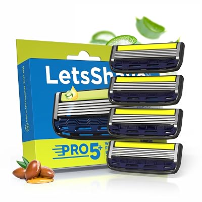 LetsShave Pro 5 Plus Manual Shaving Razor Blades Refills (Cartridge), Pack of 4, World's First Curved Blade with Vitamin
