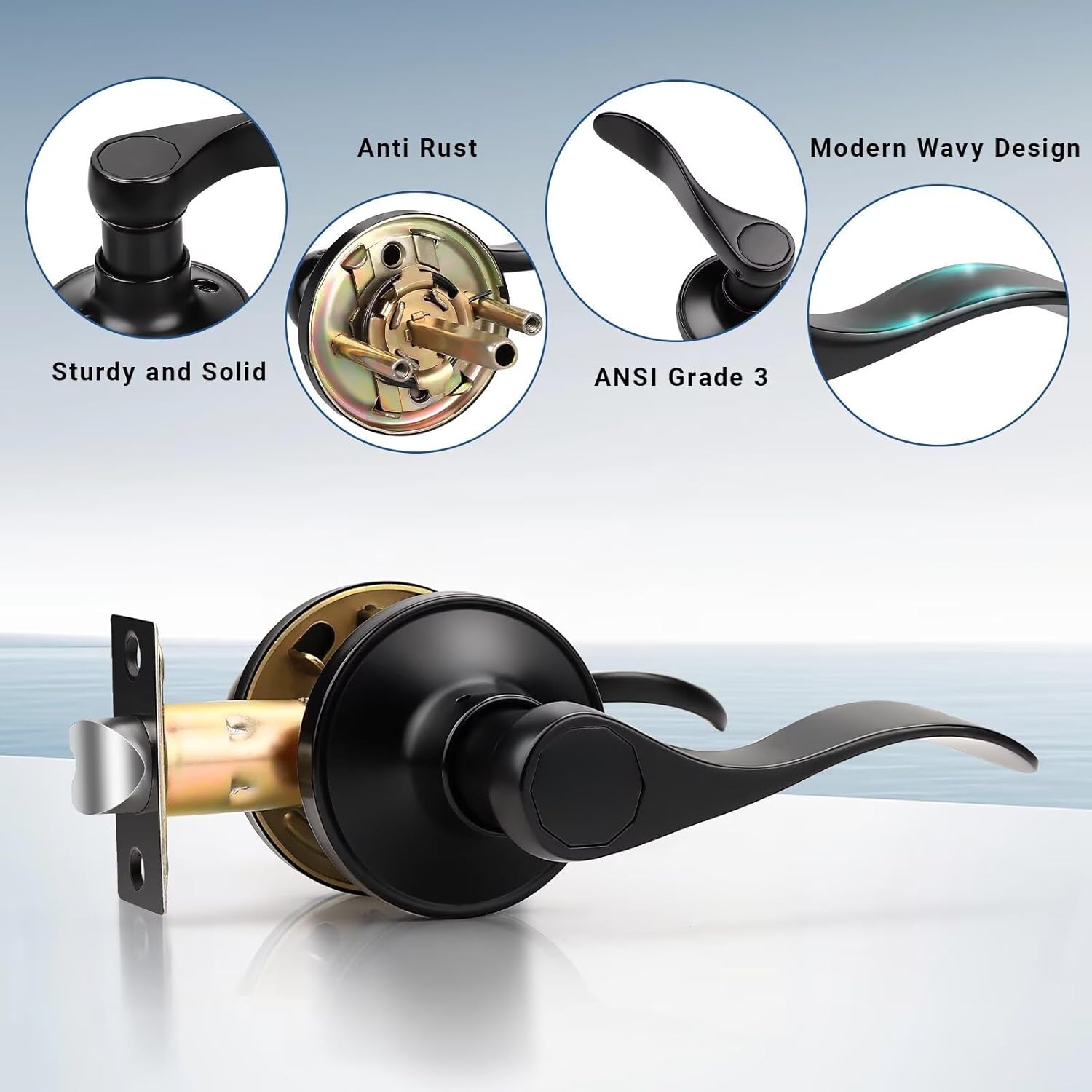 Knobonly 6 Pack Passage Door Handles Interior, Hallway Closet Door Leverset Matte Black Finish Stainless Steel, Keyless Door Handle Sets