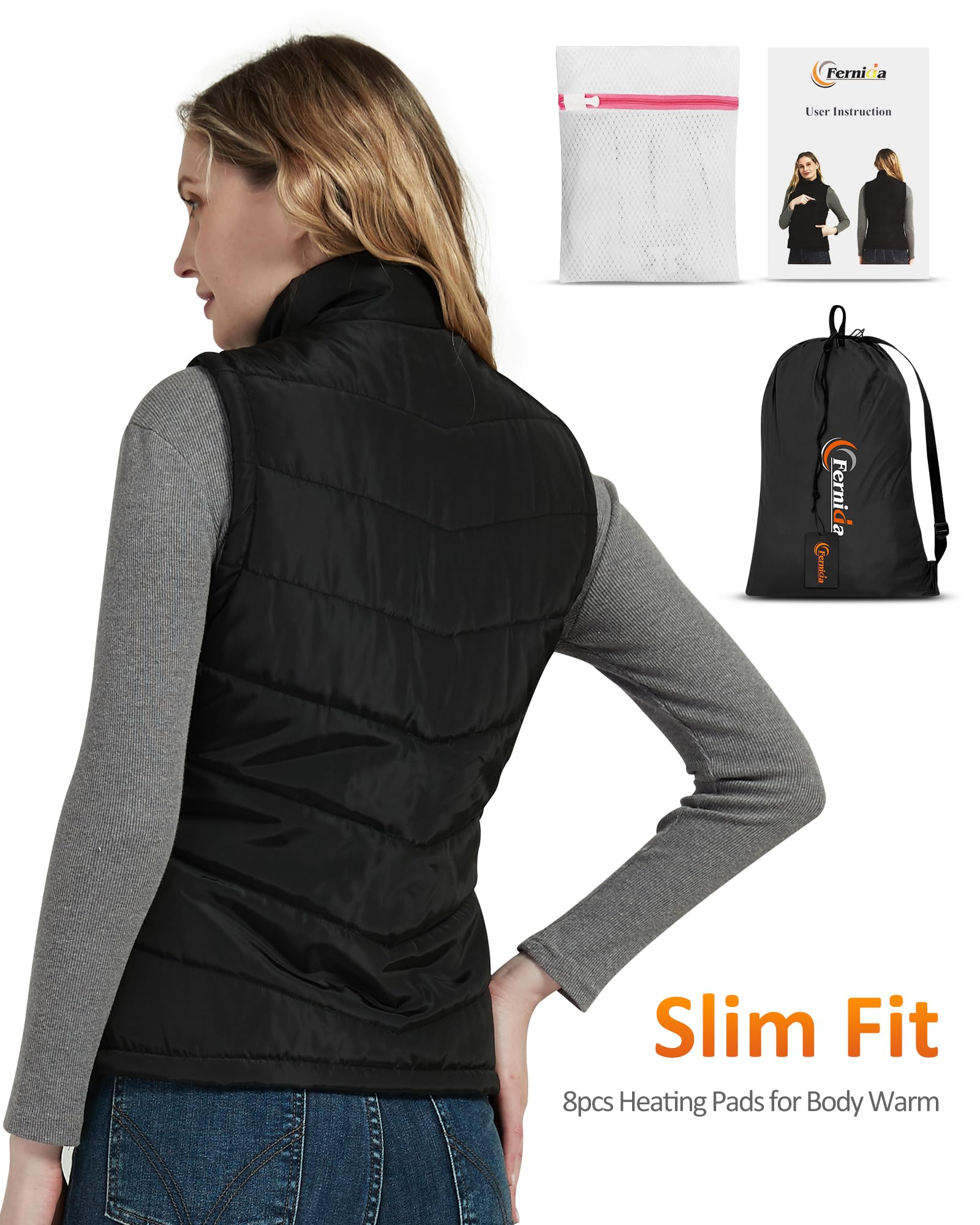 FERNIDA Damen Beheizbare Weste, Heizweste mit 10000mAh Akku, Beheizte Weste für Frauen Herbst Winter Outdoor Warm, 8 Heizzonen und 3 Temperaturen