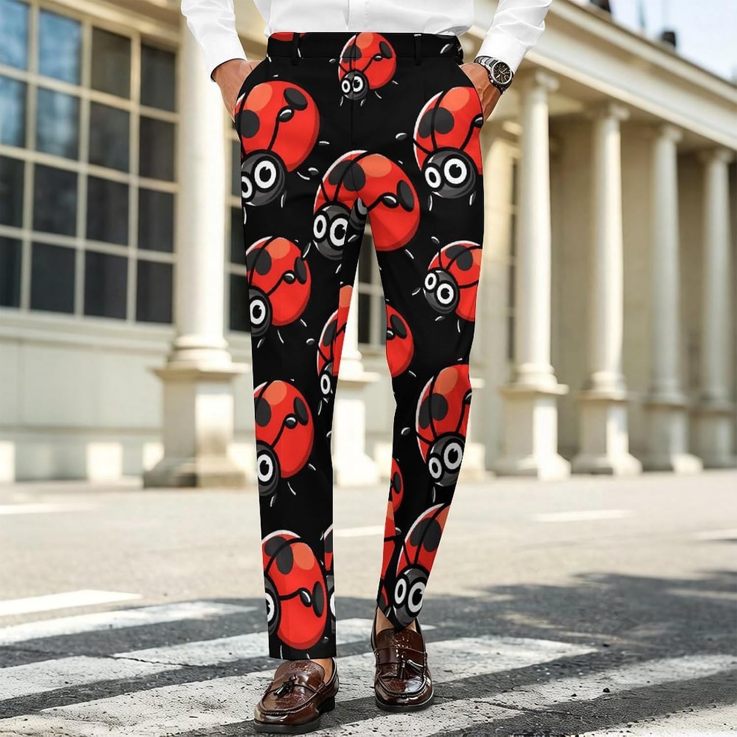 Red Ladybug Men's Classic Fit Suit Pants Straight Leg Design Printed Trousers