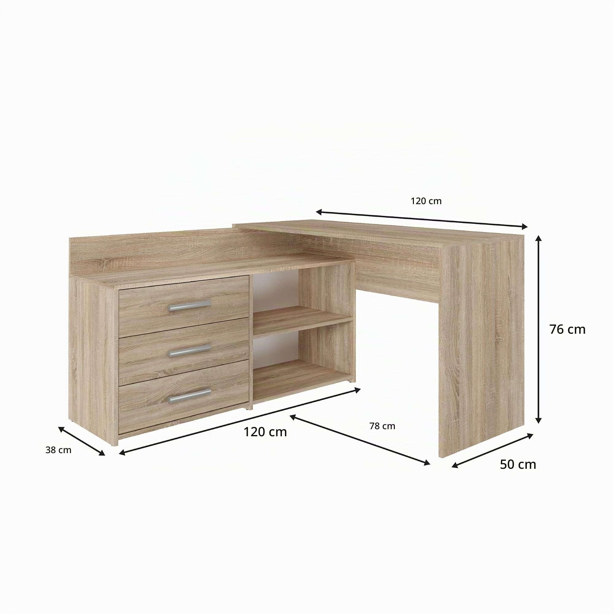 CDF Schreibtisch DANY 120x50x76 cm – Eckschreibtisch mit 3 Schubladen, modern & funktional, in Eiche Sonoma, stabil & pflegeleicht, ideal für Kinderzimmer oder Homeoffice