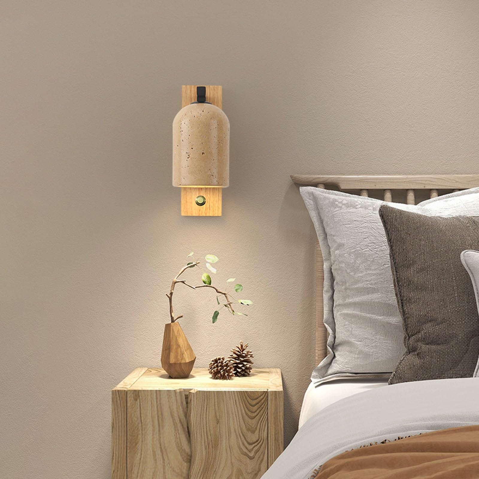 Żółty kinkiet z trawertynu, nowoczesna lampa ścienna w stylu rustykalnym, kinkiet z naturalnego kamienia z drewnianą podstawą i włącznikiem/wyłącznikiem(Wood color)