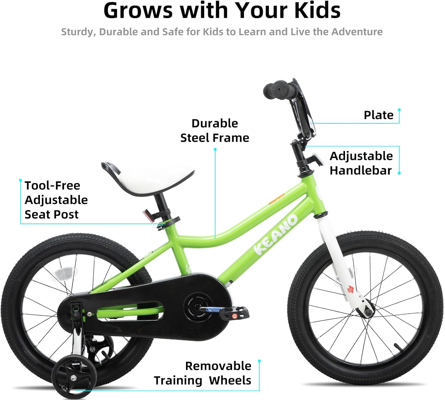 KEANO Kids Bike for Boys Girls Ages 3-12 Years Old, 12-18 Inch BMX Style Kid's Bikes with Training Wheels, 20 Inch Kids' Bicycle with Kickstand Green 16 Inch With Training Wheels