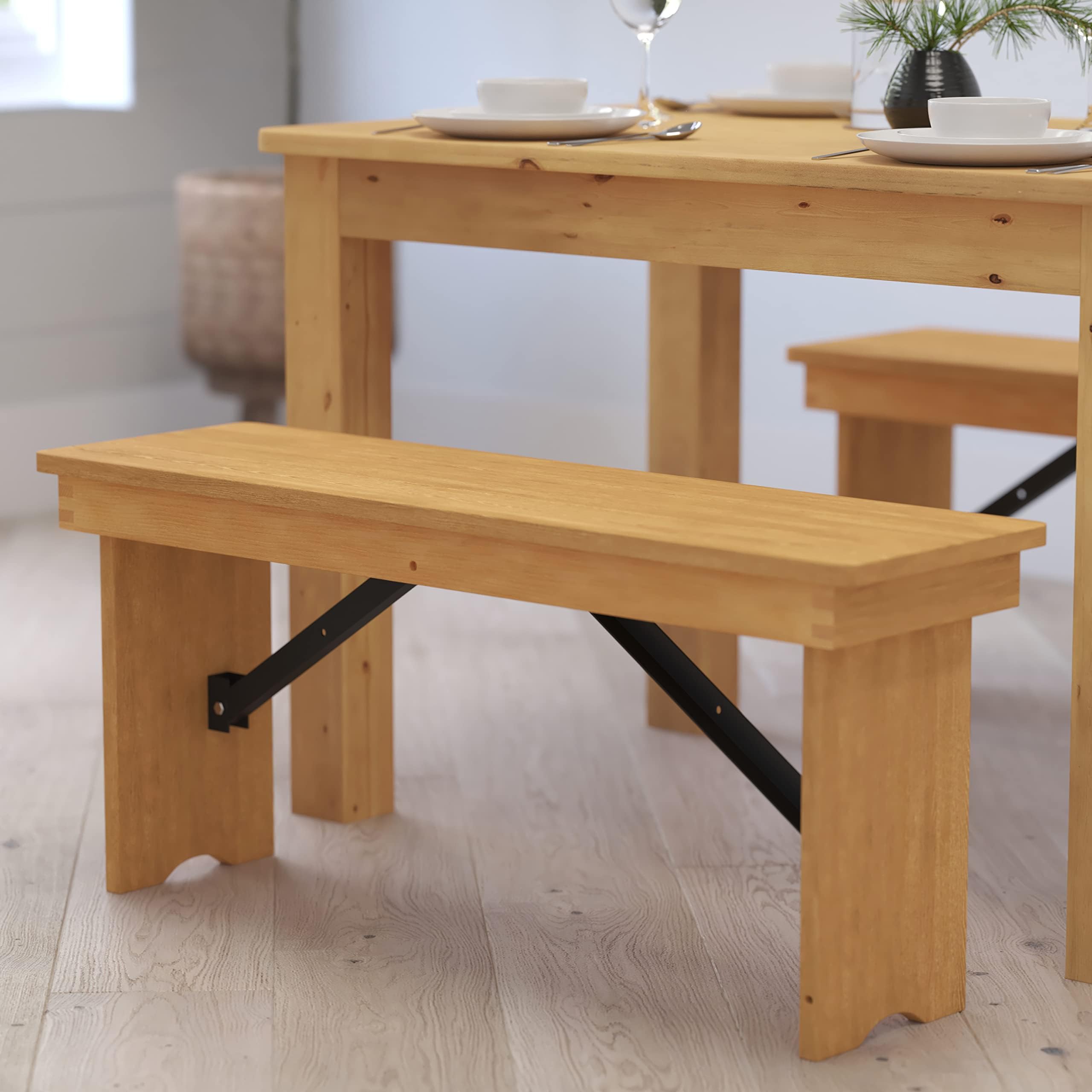 Merrick Lane Tinsley 40" x 12" Light Natural Solid Pine Folding Farmhouse Style Bench