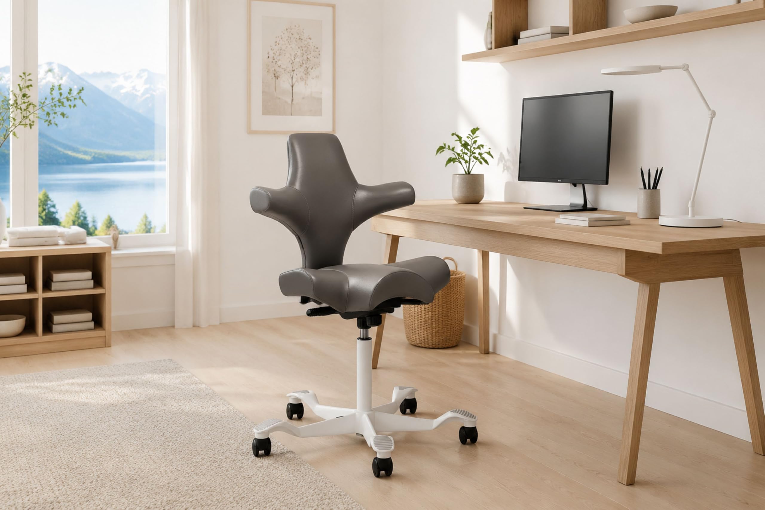 HAG Capisco Sit to Stand Chair-White Frame-Upholstered Gray Ash Vinyl
