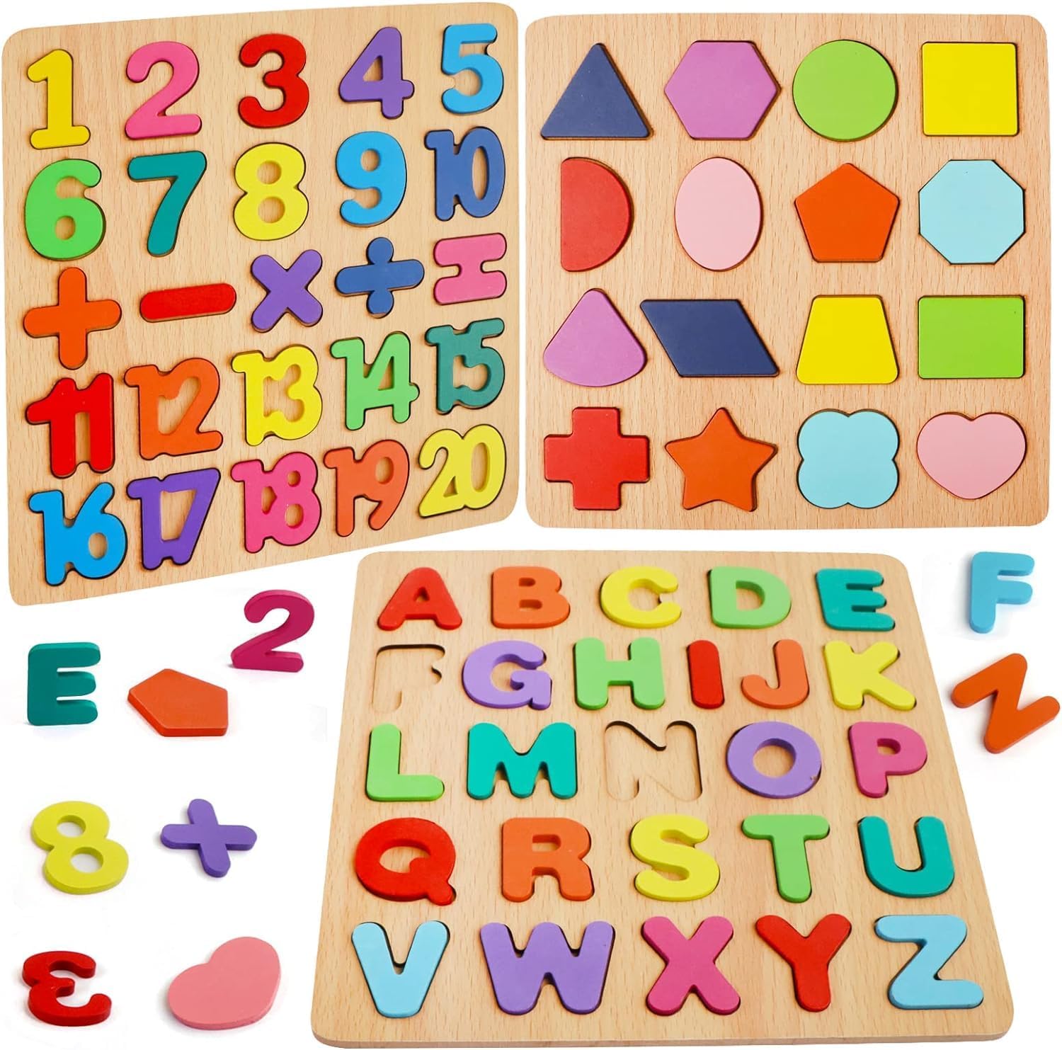 Wooden Alphabet Puzzles Numbers Count Board Blocks 3 Sets Game, Colorful ABC Lower Letters/Numbers/Shapes for Kids Toddlers Preschool Early Learning Educational Toys (Capital Letter)