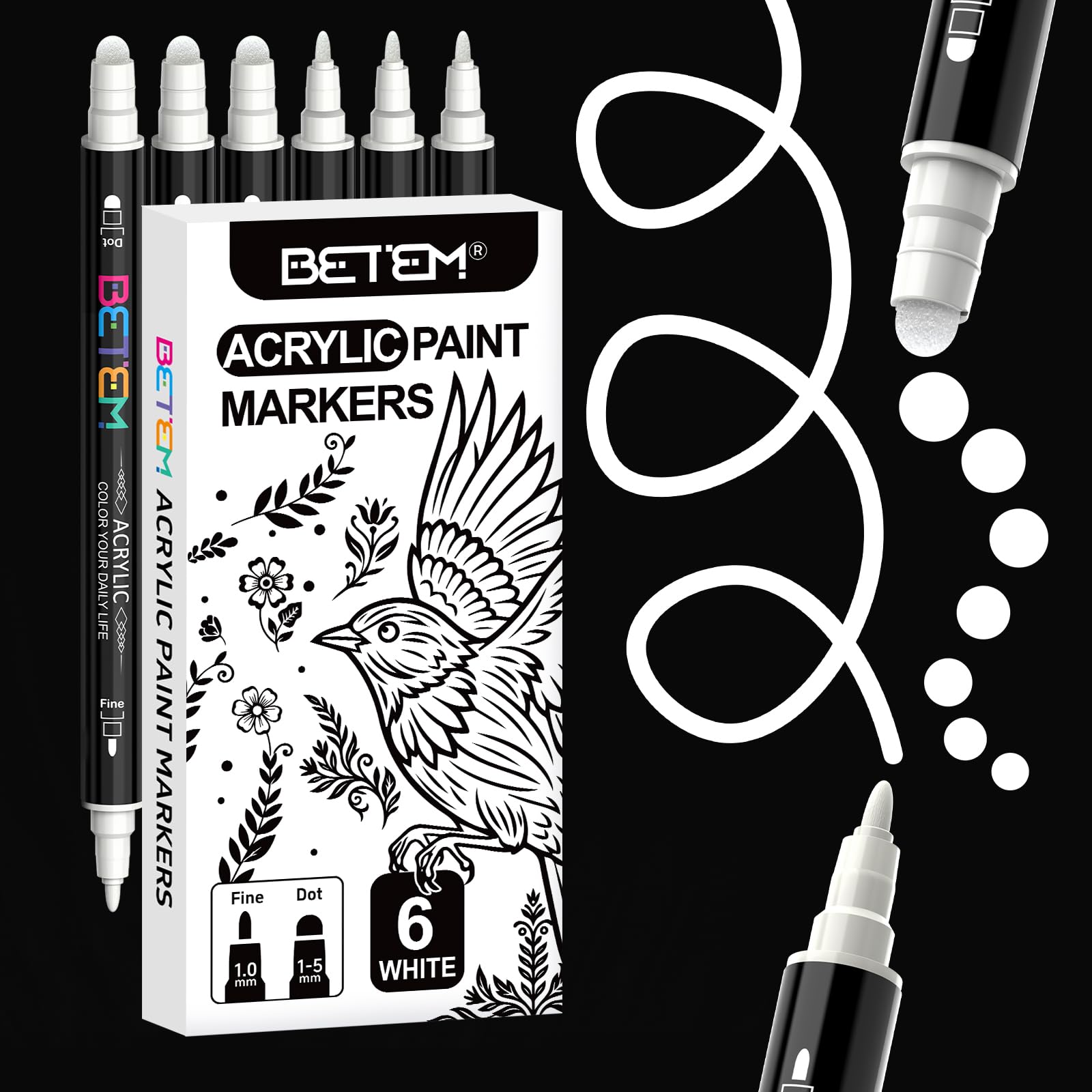 Betem White Dual Tip Acrylic Paint Markers, 6-Pack | Premium Water-Based Art Supplies for Fabric, Rock, Wood, Glass - main product image
