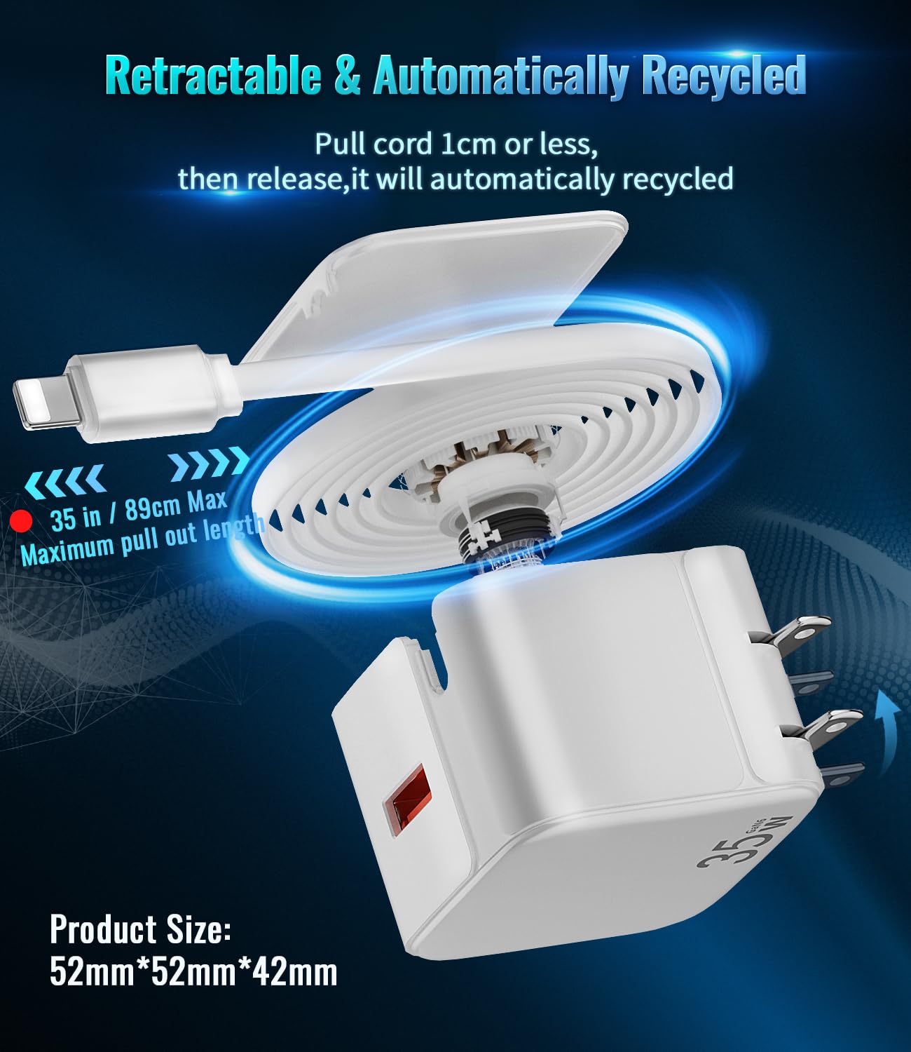 Retractable Wall Charger, 35W Fast USB Chargers Block with Cables for iPhone 14/13/12/11 Pro MAX/XR/XS/8/7,iPad, Portable Retractable Charger Wall Plug for Home Travel Office