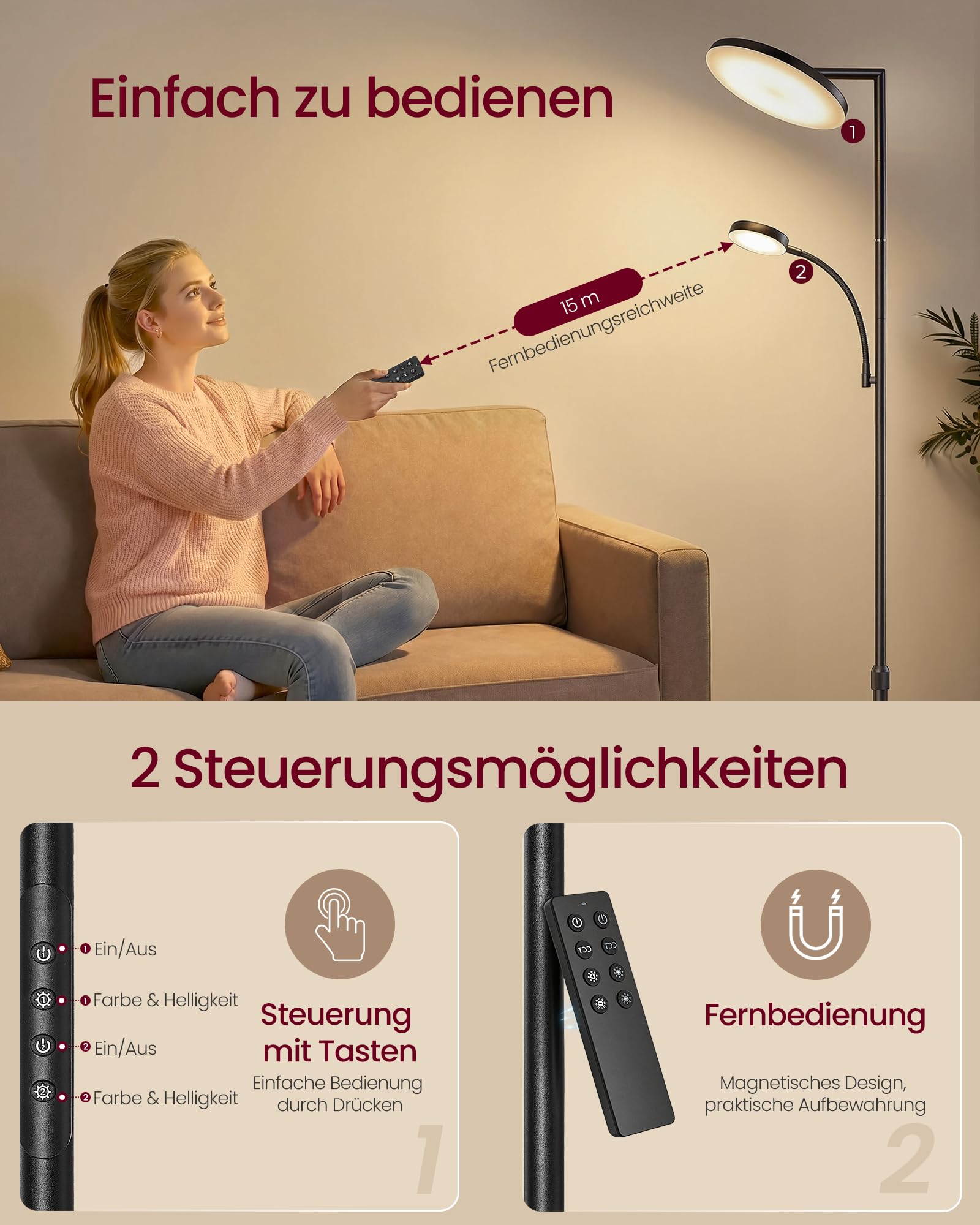 VASAGLE Stehlampe Wohnzimmer, LED-Stehleuchte höhenverstellbar, Standleuchte 42W, drehbarer Lampenkopf, Schlafzimmer, Büro, Leselampe, Timer, Tasten- und Fernbedienung, mattschwarz LFL028BD02