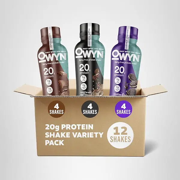 OWYN Only What You Need Protein Shake Variety Pack, Dark Chocolate, Cold Brew Coffee, Cookies and Creamless, 20g Protein, 4g Sugar, 3g Fiber, Dairy Free, Plant Based Protein Drink, 12 CT 9