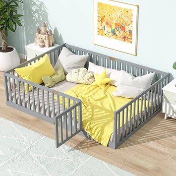 Full Size Montessori Bed with High Safety Fence, Wood Floor Bed Frame with Slats and Door, Easy Assembly, No Box Spring Needed for Boys Girls Kids Gray