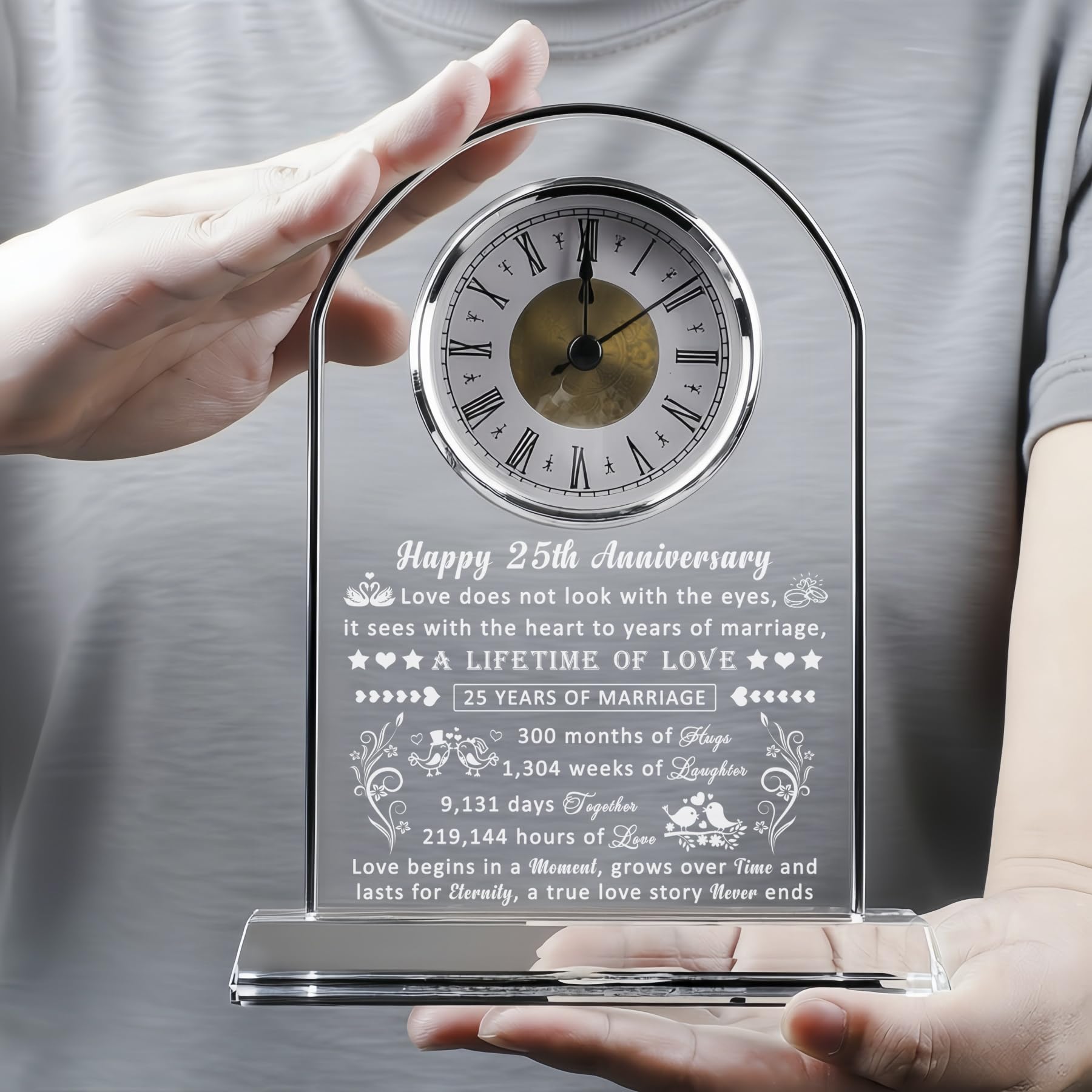 25th Wedding Anniversary Glass Quartz Clock Gifts for Women Men, 25 Year Anniversary Romantic Gift for Him Her, Silver Anniversary Clock Gifts for Couple, 25 Years of Marriage Gifts