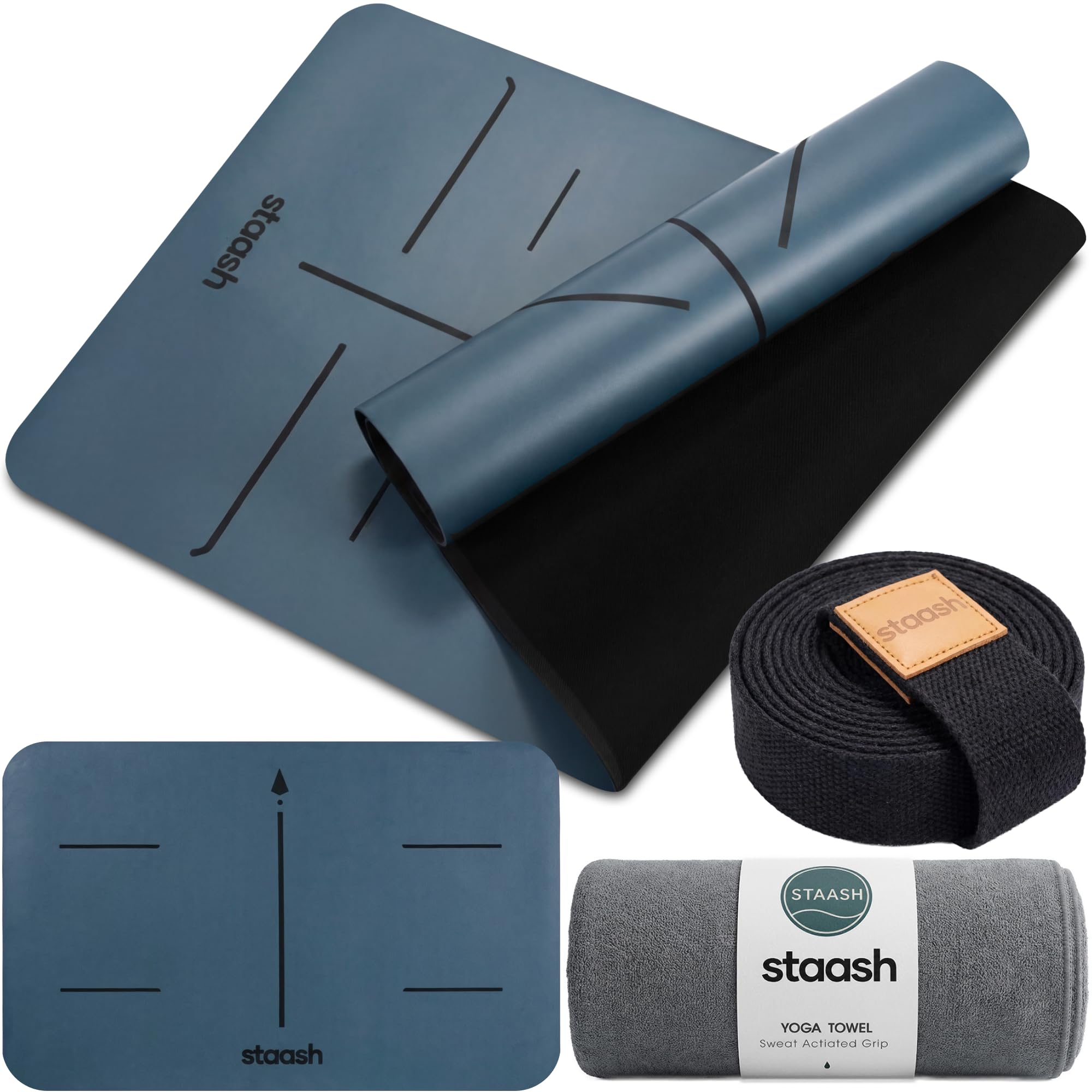 STAASH Premium Yoga Set – Tappetino da yoga in PU & gomma naturale + asciugamano in microfibra + cinturino da yoga + pad per mano – Ultra Grip, ecologico e qualità da studio per yoga esigenti