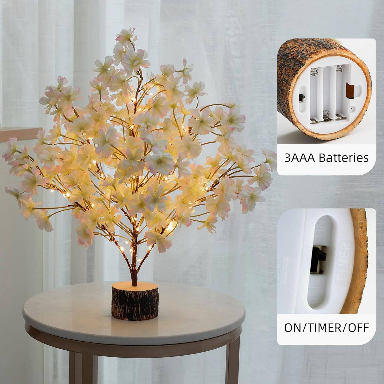 Lighted Cherry Blossom Tree Artificial, 19Inch Faux Bonsai Tree Japanese Decor, Battery Operated Floral Desktop Tree for Indoor Home Spring Summer Easter,Pink