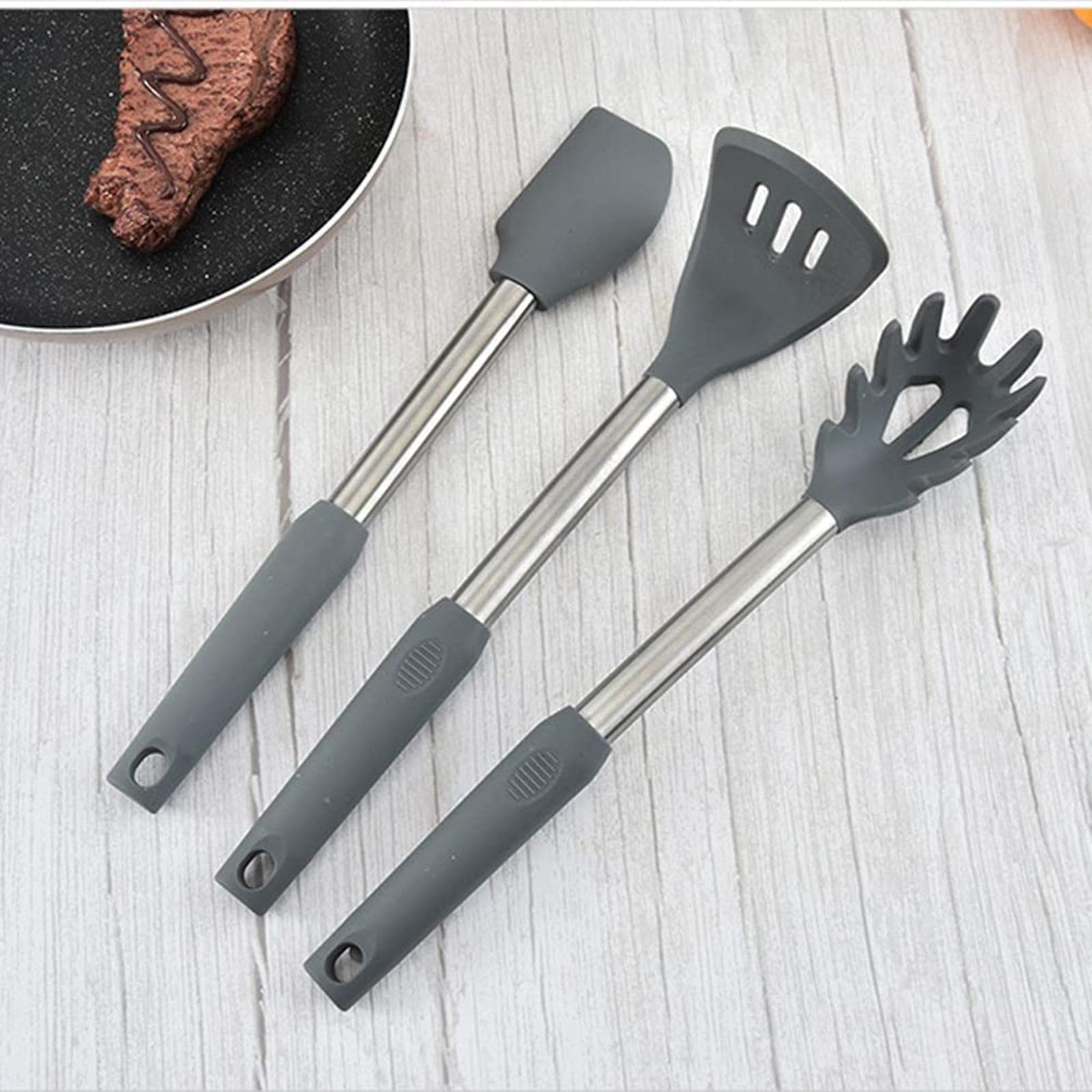 El Mejor Juego de Utensilios de Cocina de Silicona con Mango de Acero Inoxidable, espátula, Cuchara para Sopa, Cepillo, Cuchara, colador de Pasta, Utensilios de Cocina antiadherentes