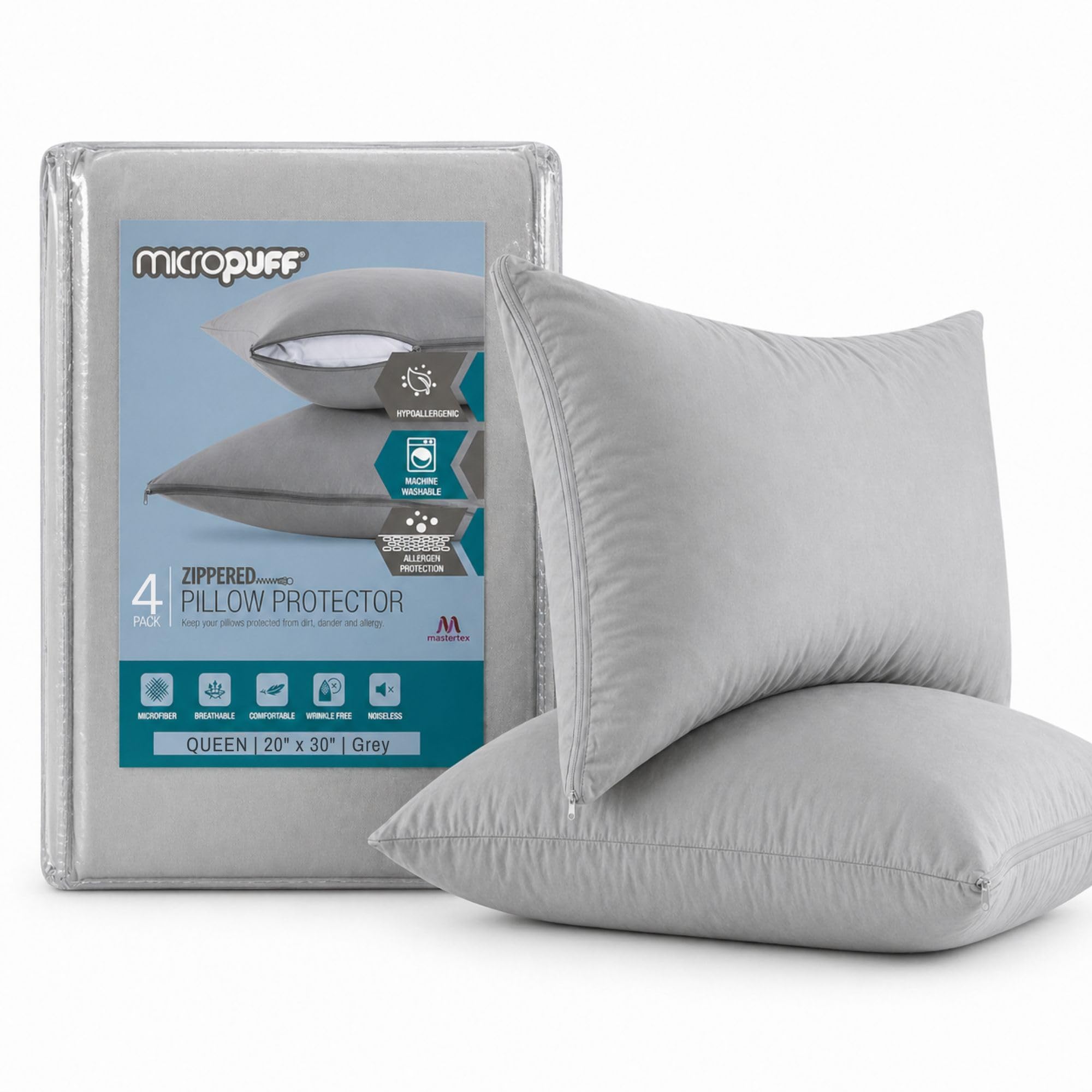Micropuff Pillow Protectors with Zipper Queen Size Gray - Premium Brushed Microfiber Pillow Covers, Hypoallergenic Pillowcases with Zipper (4 Pack, Queen 20x30)