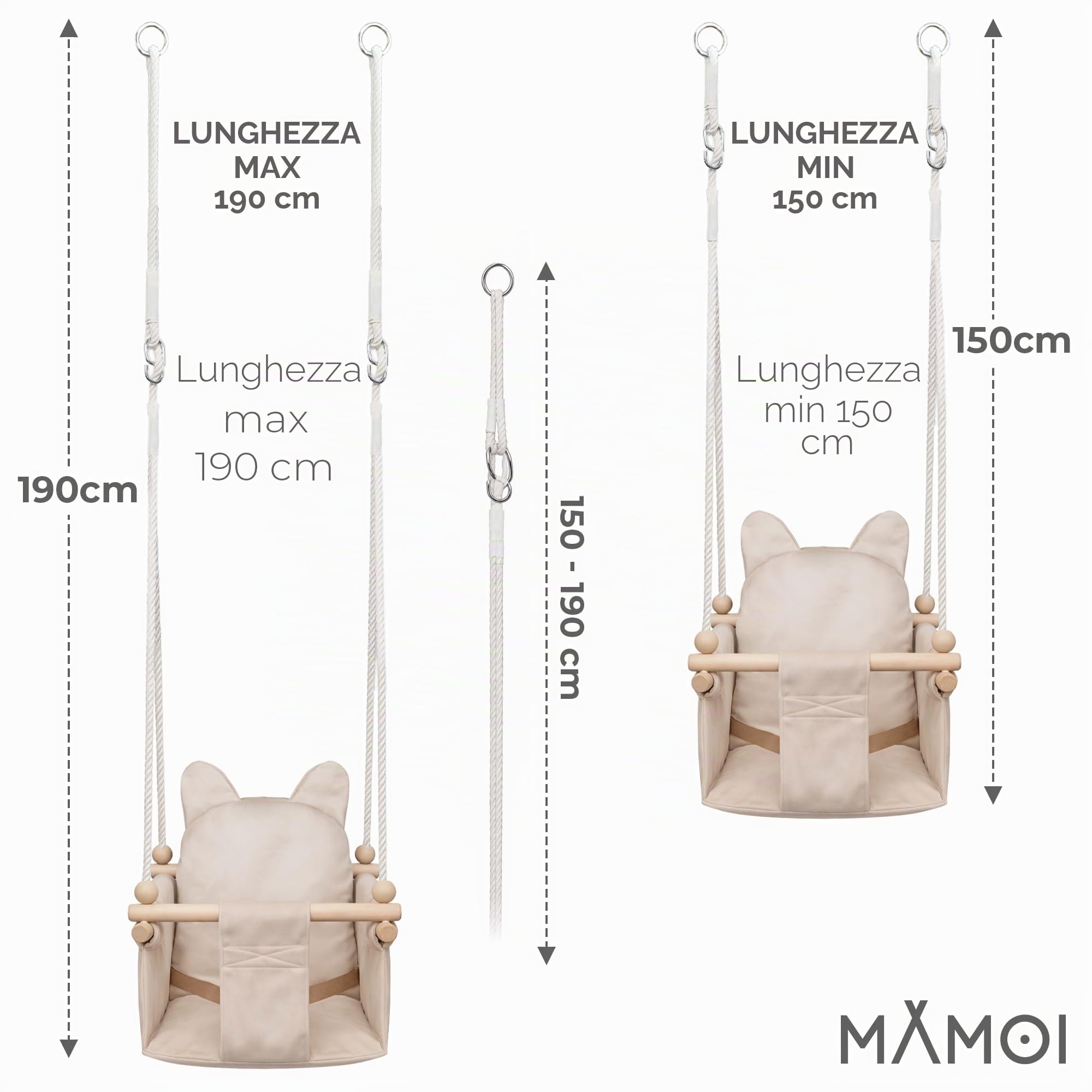 MAMOI Altalena per bambini con cintura di sicurezza, altezza regolabile 150–190 cm, altalena per casa, struttura stabile, seduta in velluto, montaggio facile, altalena da interno per bambini