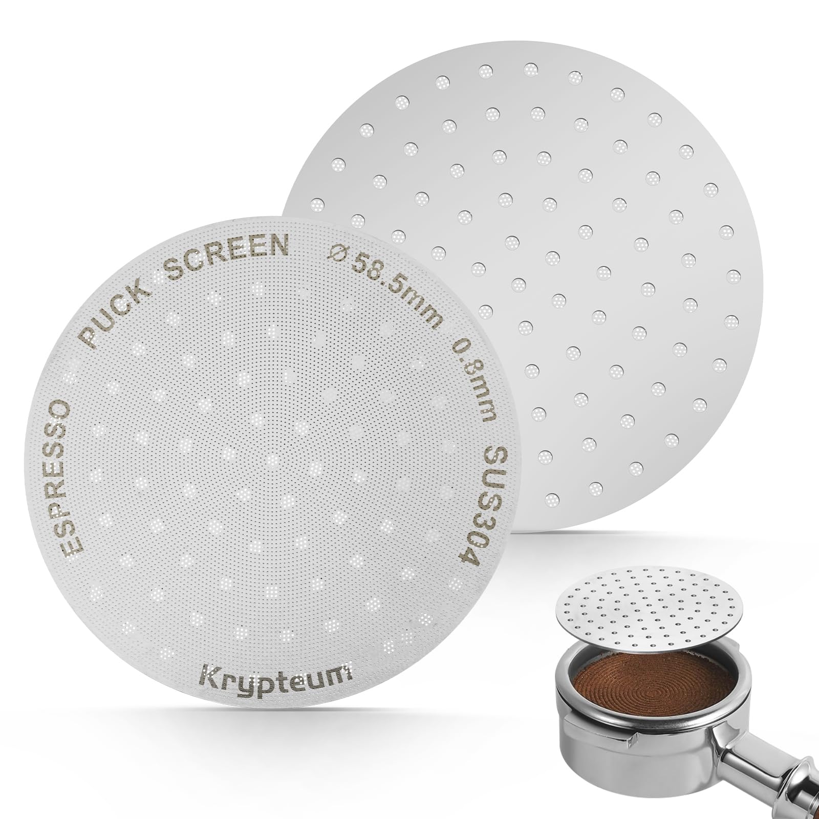 KRYPTEUM Espresso Puck Screen 58.5mm, 2PCS Espresso Coffee Filter for 58.5mm Portafilter Baskets, 0.8mm Thickness, 304 Stainless Steel Ultra-Thin Espresso Filter - Coffee Accessories