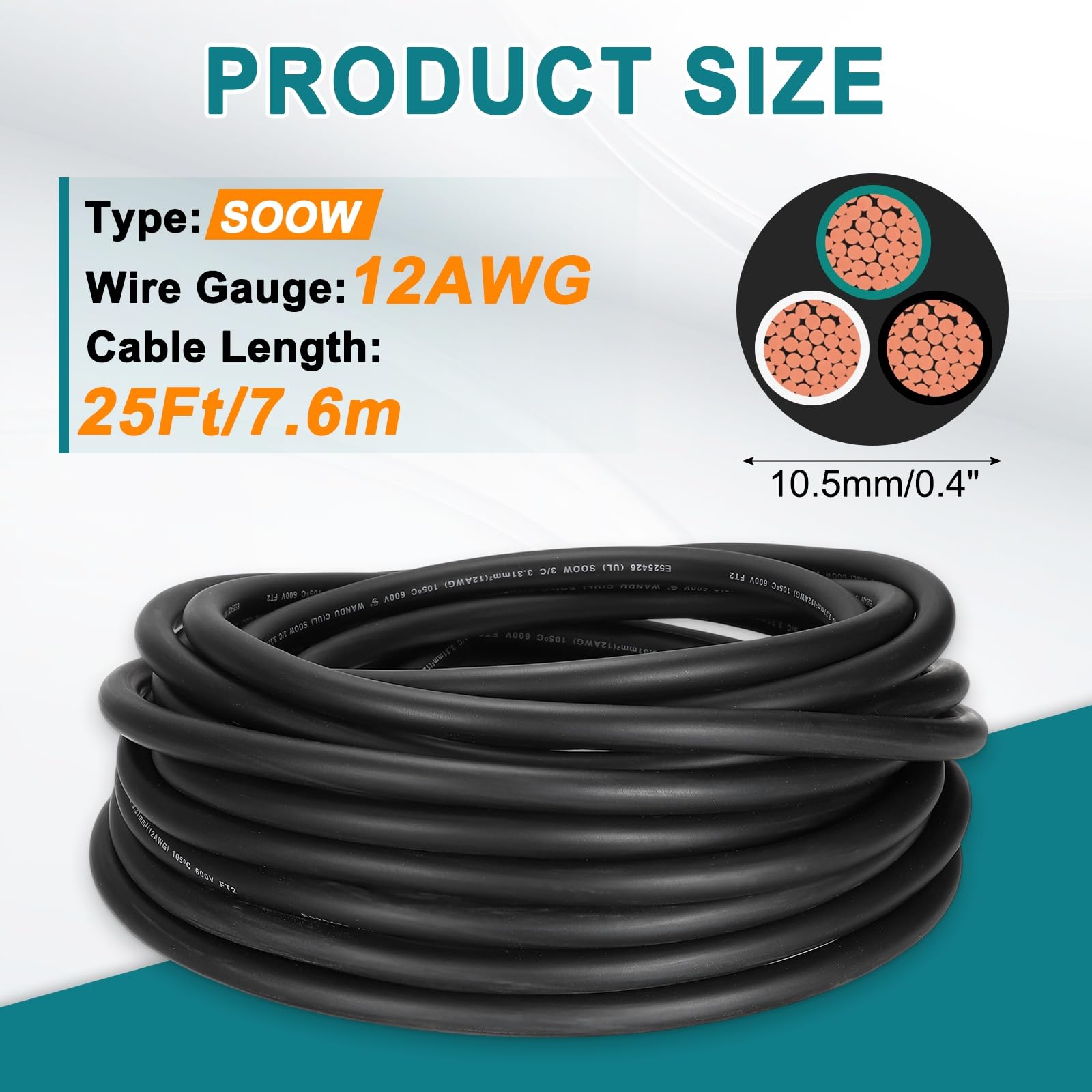 QUARKZMAN Cable Eléctrico SOOW 12 Gauge 3 Conductores, Cable Automotriz 25 Pies 12 AWG, De Energía Portátil 600V Para Generadores, Luces LED, Cargadores De Batería,
