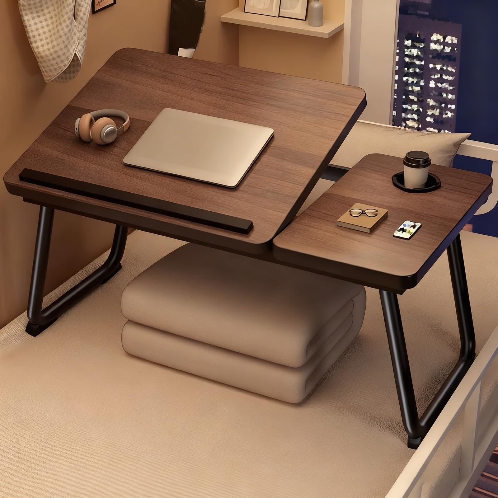 Składane biurko na laptopa do łóżka, antypoślizgowa taca śniadaniowa z uchwytami na kubki, przenośna sofa i stolik z oknem wykuszowym do pracy, nauki, jedzenia i gier