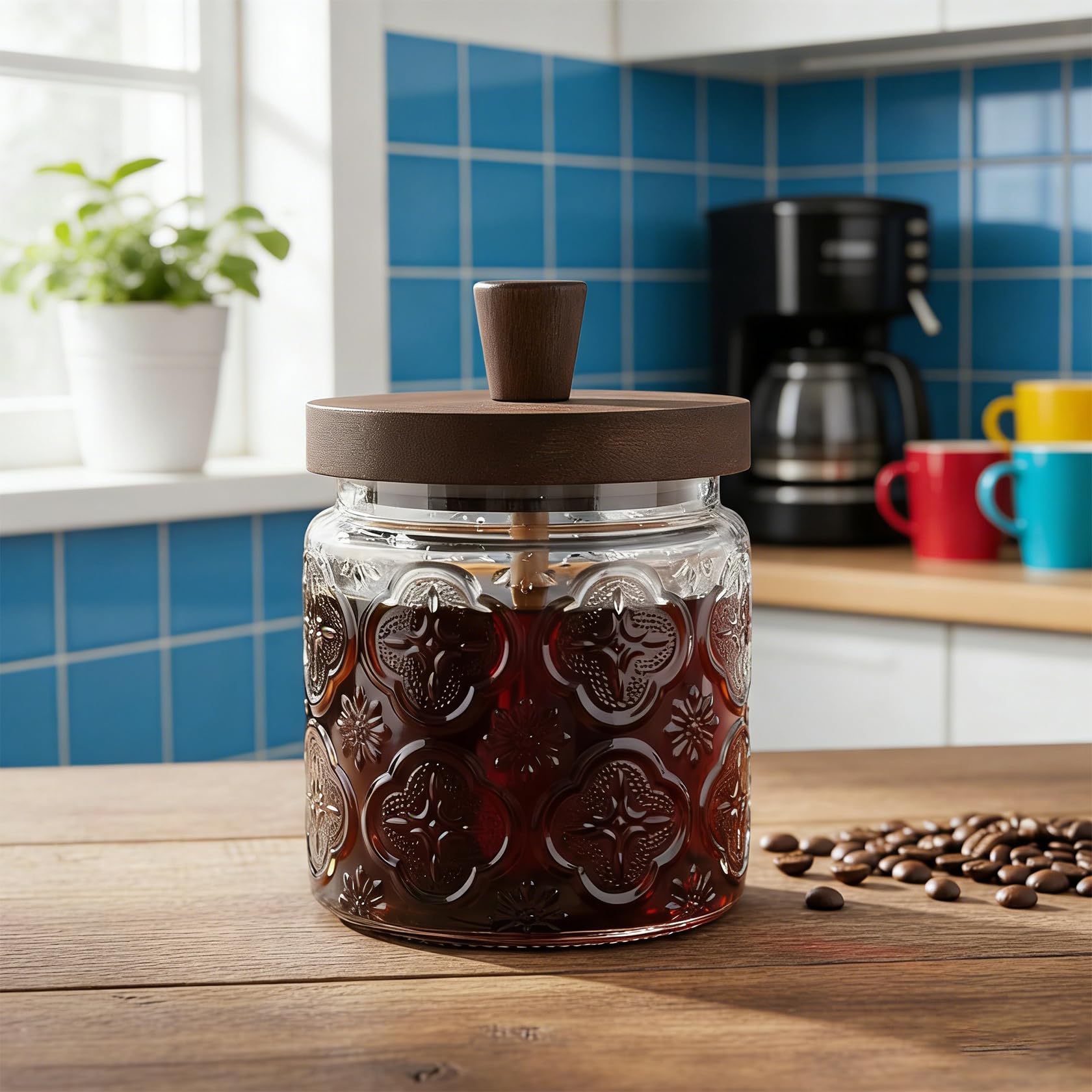 Bicchiere da miele con coperchio in legno, dispenser per miele in vetro con coperchio a chiusura ermetica per cucina e tavolo da colazione, contenitore per miele trasparente con cucchiaio di