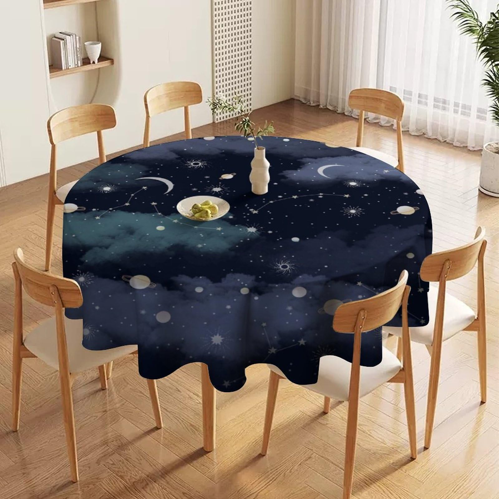 PHTAYOT Boho Stars Clouds Moon Round Tablecloth, Watercolor Gold Shining Constellations Night Sky Star Clouds Table Cover for Home Kitchen Dining Room