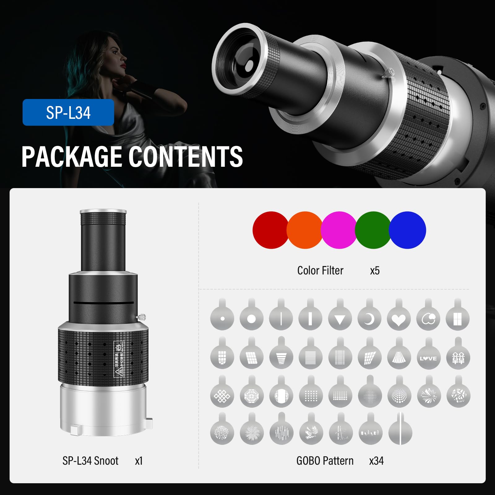 Soonpho Snoot LED con Enfoque óptico con Montura Bowens,Proyector GOBO de Aluminio Bowens con 5 Filtros de Color y 35 Patrones GOBO para Luz LED Monolight,Foco,Flash de Estudio y Luz Continua
