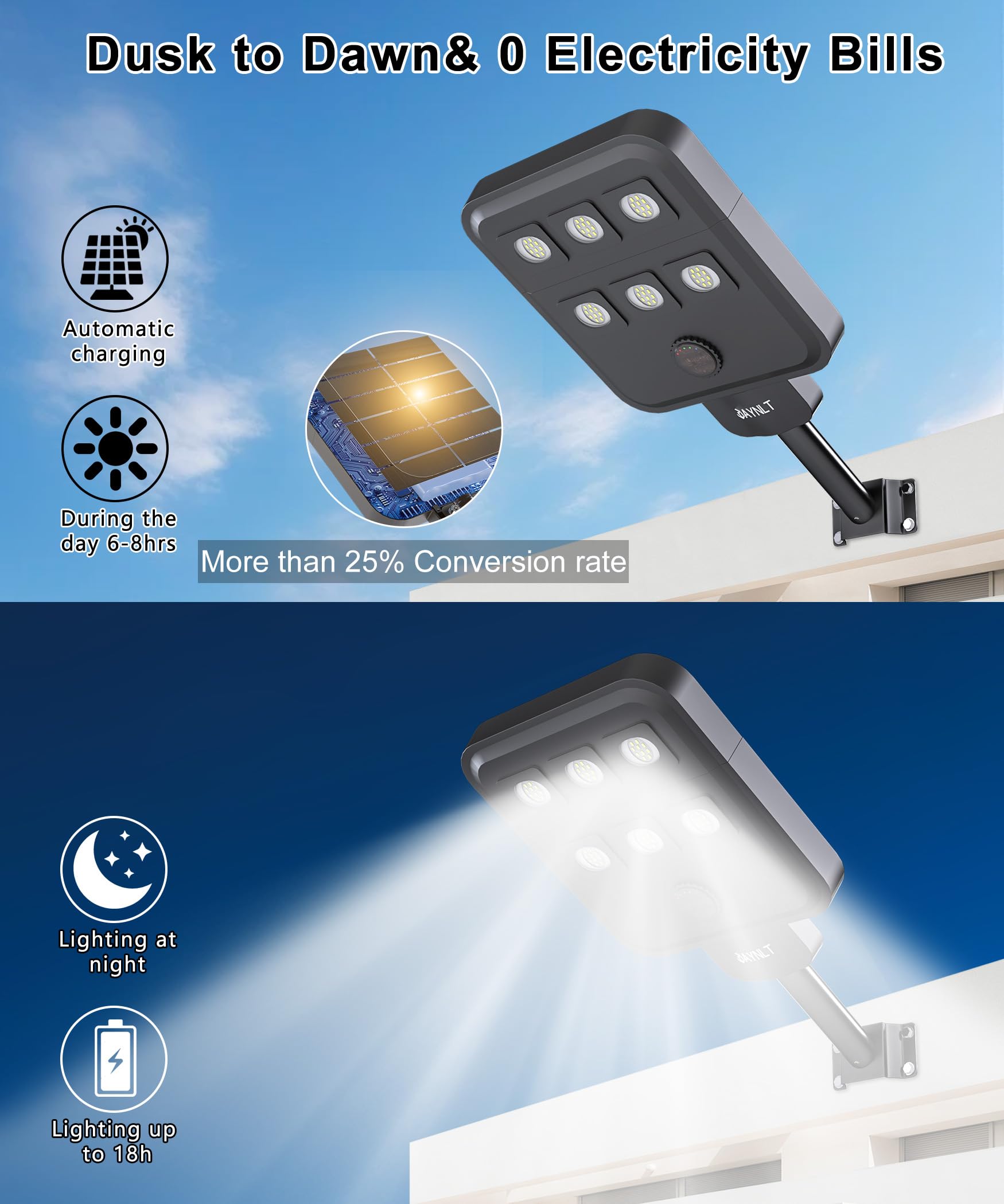 JAYNLT X-8000W Farolas Solares Exteriores, 6500K Potente Farola Solar con Sensor de Movimiento, IP67 Impermeable Foco Solar de Seguridad para Entrada Jardín