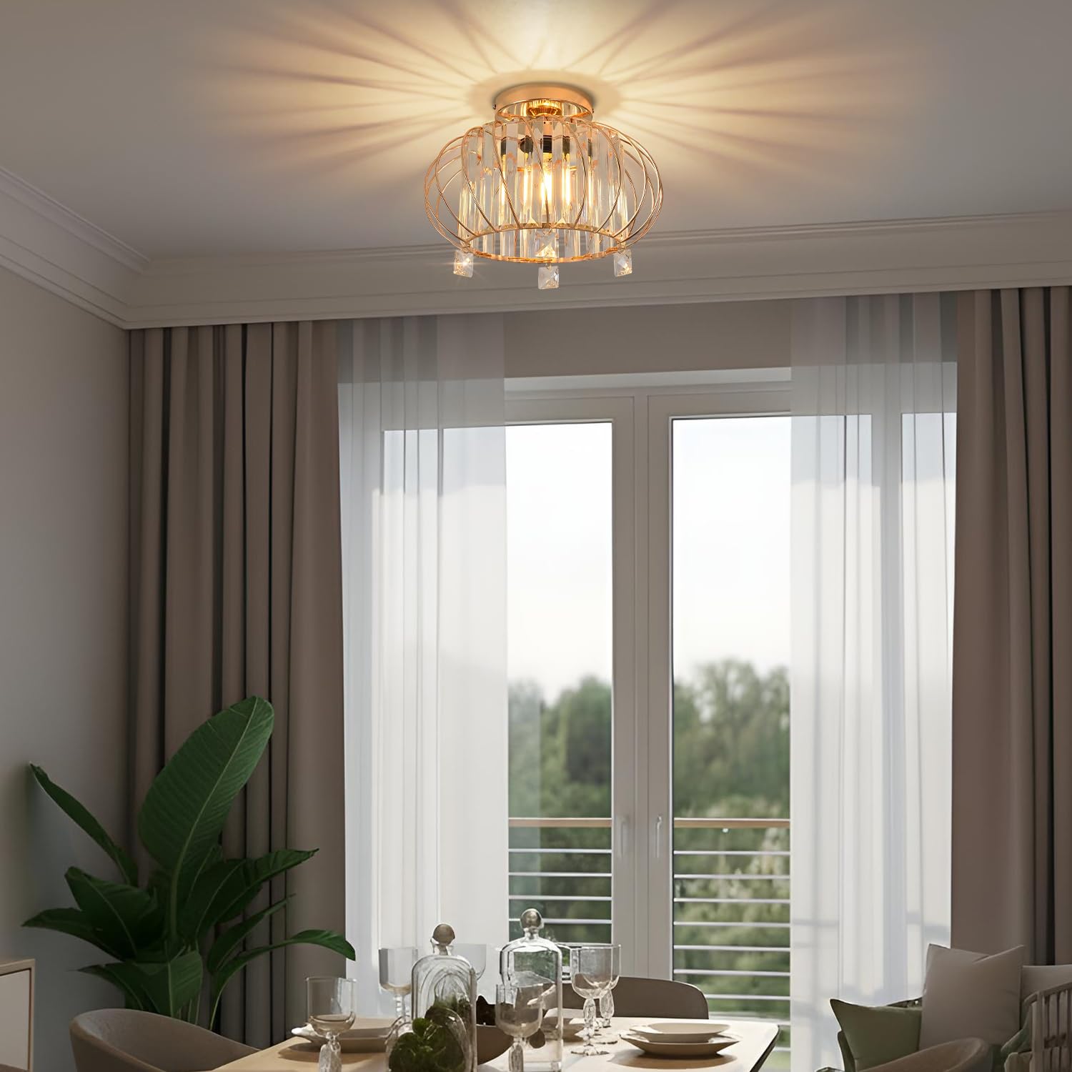 ANWIO Kristall-Kronleuchter, Deckenlampe Glas Deckenleuchte Flur Gold mit Kristallschirm, E27-Fassung, Moderne Lampe für Wohnzimmer, Schlafzimmer, Küche, Esszimmer -Φ28CM