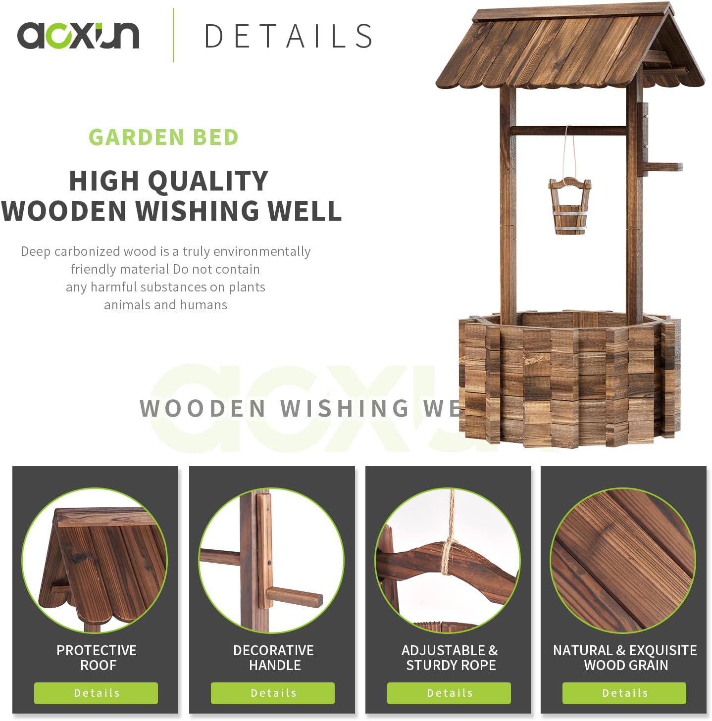 Aoxun Outdoor Wooden Wishing Well Planters with Hanging Bucket, Garden Helper, Rustic Garden Decor for Outside, Yard and Patio, Upgrade - Reinforced Base, Brown