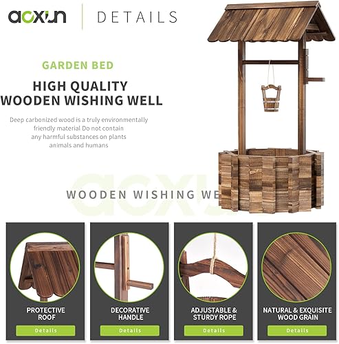 Vista 15 de Aoxun Jardineras de madera con cubo para colgar, ayudante de jardín, decoración de jardín rústica para exteriores, patio y patio, base reforzada