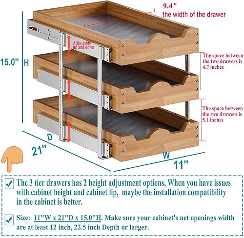 Vista 11 de OCG Organizador de gabinete extraíble de 11 pulgadas de ancho x 21 pulgadas de profundidad, estante deslizante de 2 niveles, cajón extraíble
