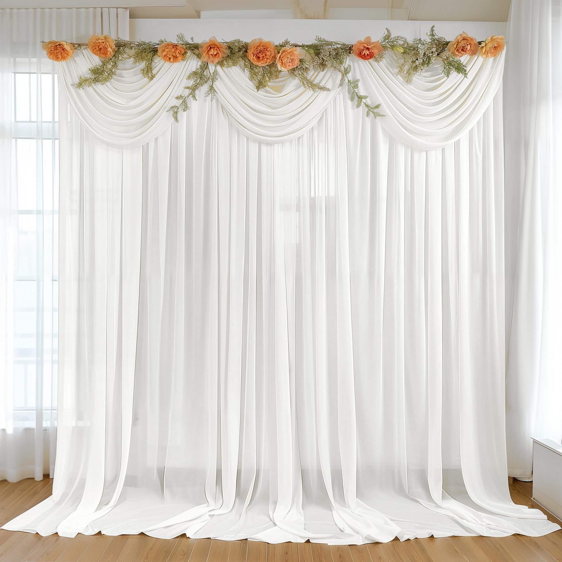 10ft x 10ft Cream White Backdrop Curtains, Wrinkle-Free Sheer Chiffon Fabric Photo Backdrop Drapes for Wedding Arch Party Ceremony Stage Photography