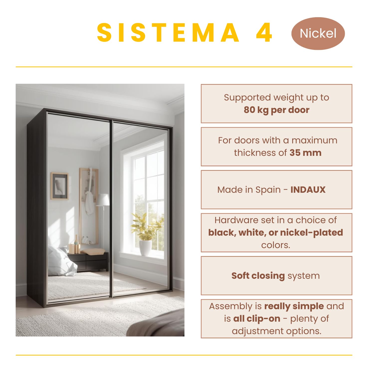 INDAUX Kit Ferramenta SISTEMA-4 per Armadi Scorrevoli con Ante Max. 80 Kg. Apertura e Chiusura Ammortizzata - Kit con Binari e Carrelli (Kit per 2 Ante Scorrevoli, Senza Kit Tendi Anta)