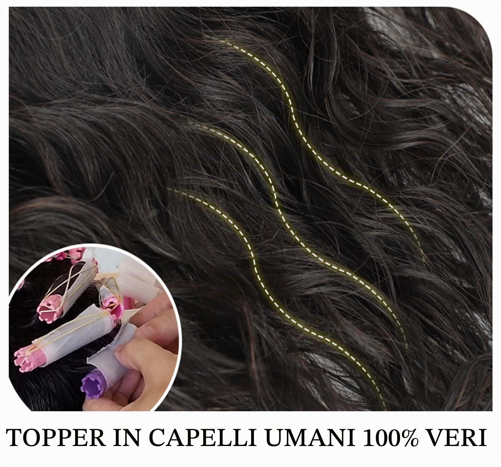 Topper per capelli veri ricci in seta da 3,5"x3,5" per donne con capelli radi, clip corta da 6" per cuoio capelluto realistico, pezzi superiori per uso quotidiano (marrone scuro)