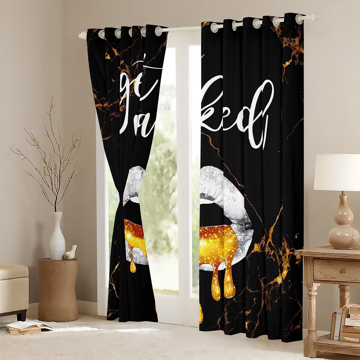 Luxury Black Gold Marble Window Curtains for Bedroom Living Room Boys Girls Sexy Lips Curtains For Kids Women Men Get Naked Window Drapes Funny Quotes Window Treatments, 52x96 Inches,2 Panels Modern image 3