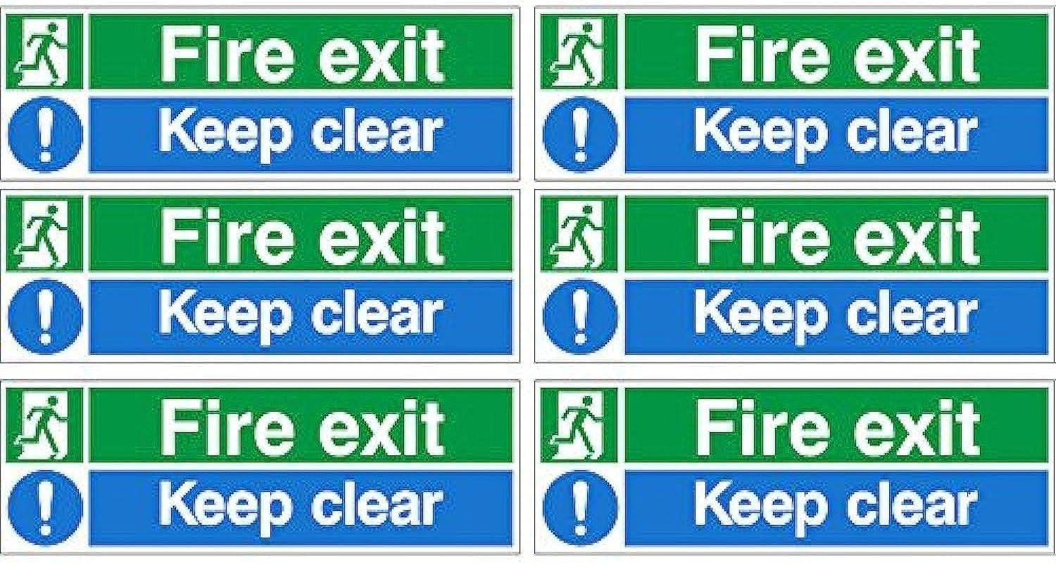 Pack of 6 Fire Exit Keep Clear Signs 300mm x 100mm - Self Adhesive
