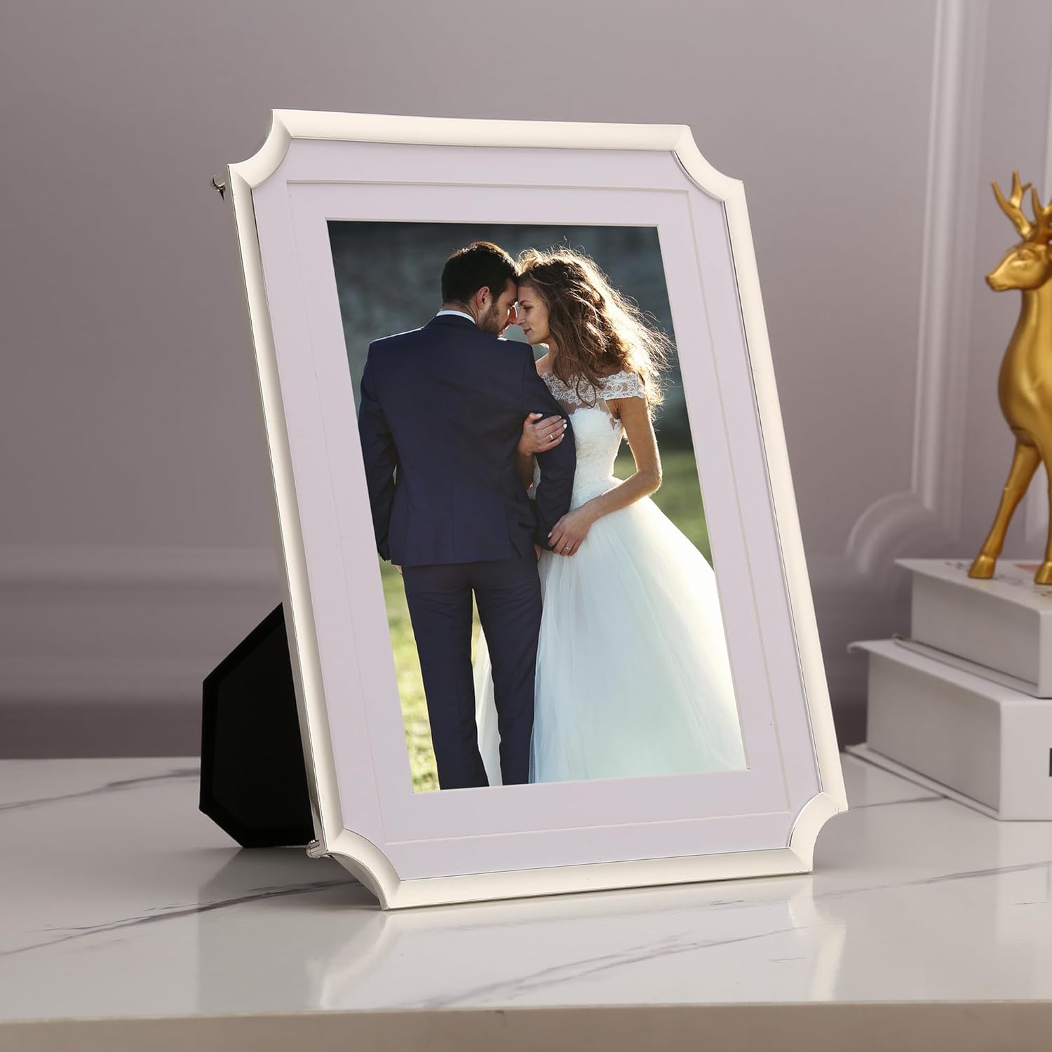 Luxury Silver 7x9'' Neoclassical Zinc Alloy Picture Frame with Acid-Free Double Mat for 5x7’'& 6x8,Hi-End Classy Heavy-Duty Metal Frame,Velvet Backing,Tabletop Display or Wall Mount