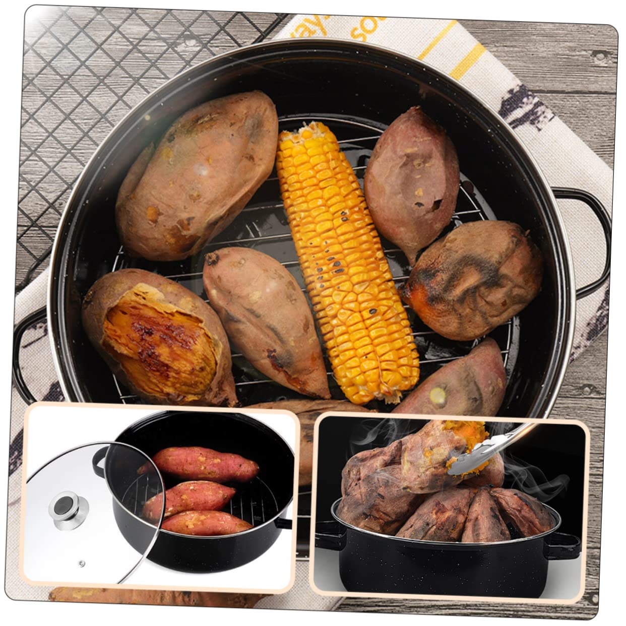 MAGICLULU Récipient en Fonte Noir pour Cuisson Facile Four avec Conduit de Fumée Bords Lisses sans Bavures pour Rôtir Pommes de Terre Douces et Ailes de Poulet