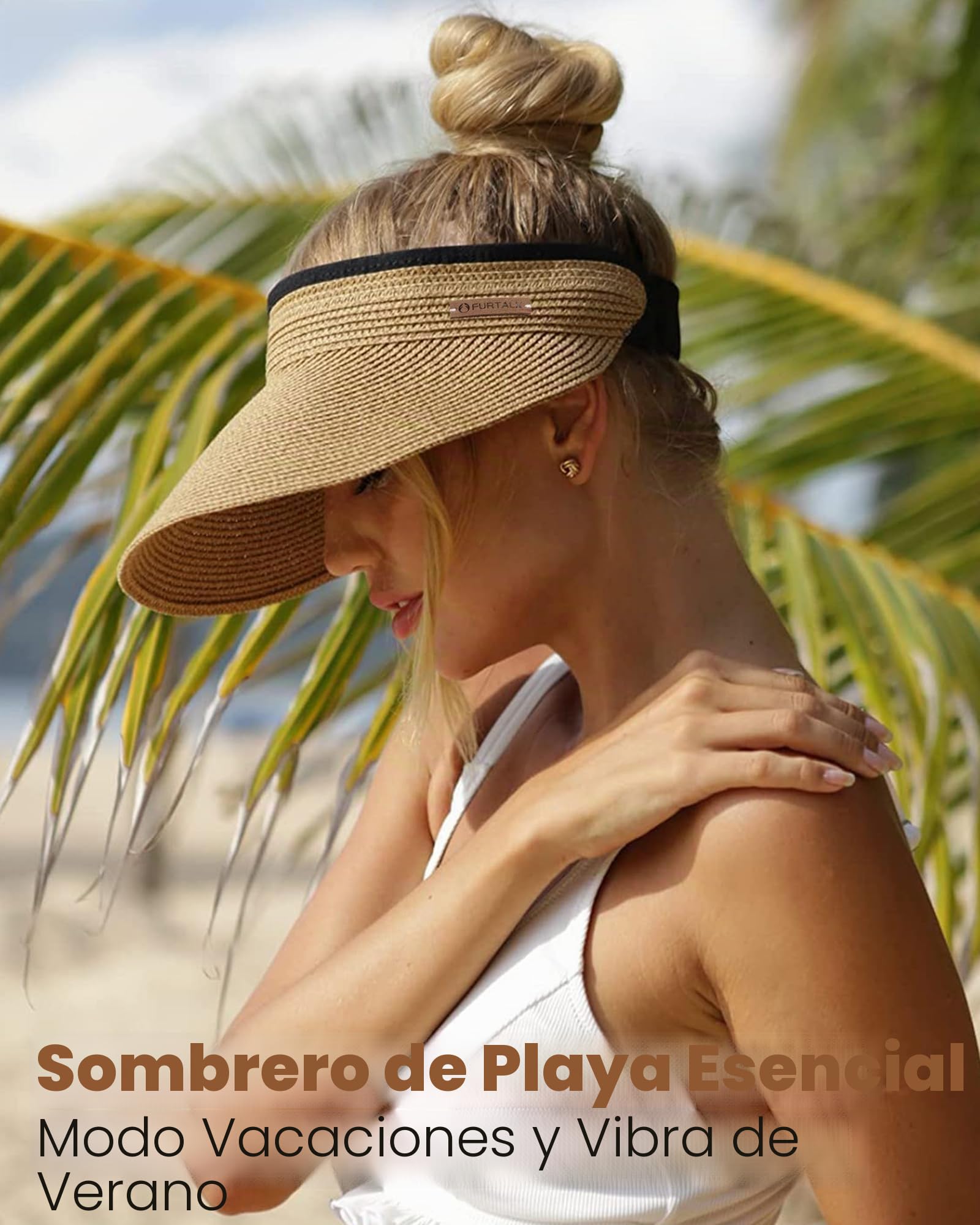 FURTALK Sombrero de Sol de Paja Plegable de ala Ancha con Visera UPF 50+ para Mujer