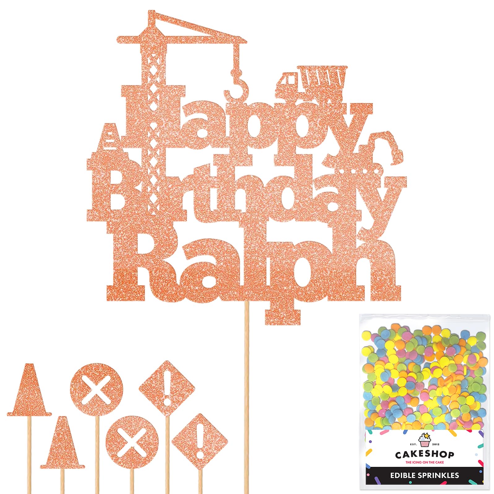 Personalised Construction Site Glitter Cake Topper Rose Gold Any Custom Age & Name Glitter Cake Decoration and Sprinkles - Happy Birthday Decorations - Personalised Toppers for Cakes by Cakeshop — image 1